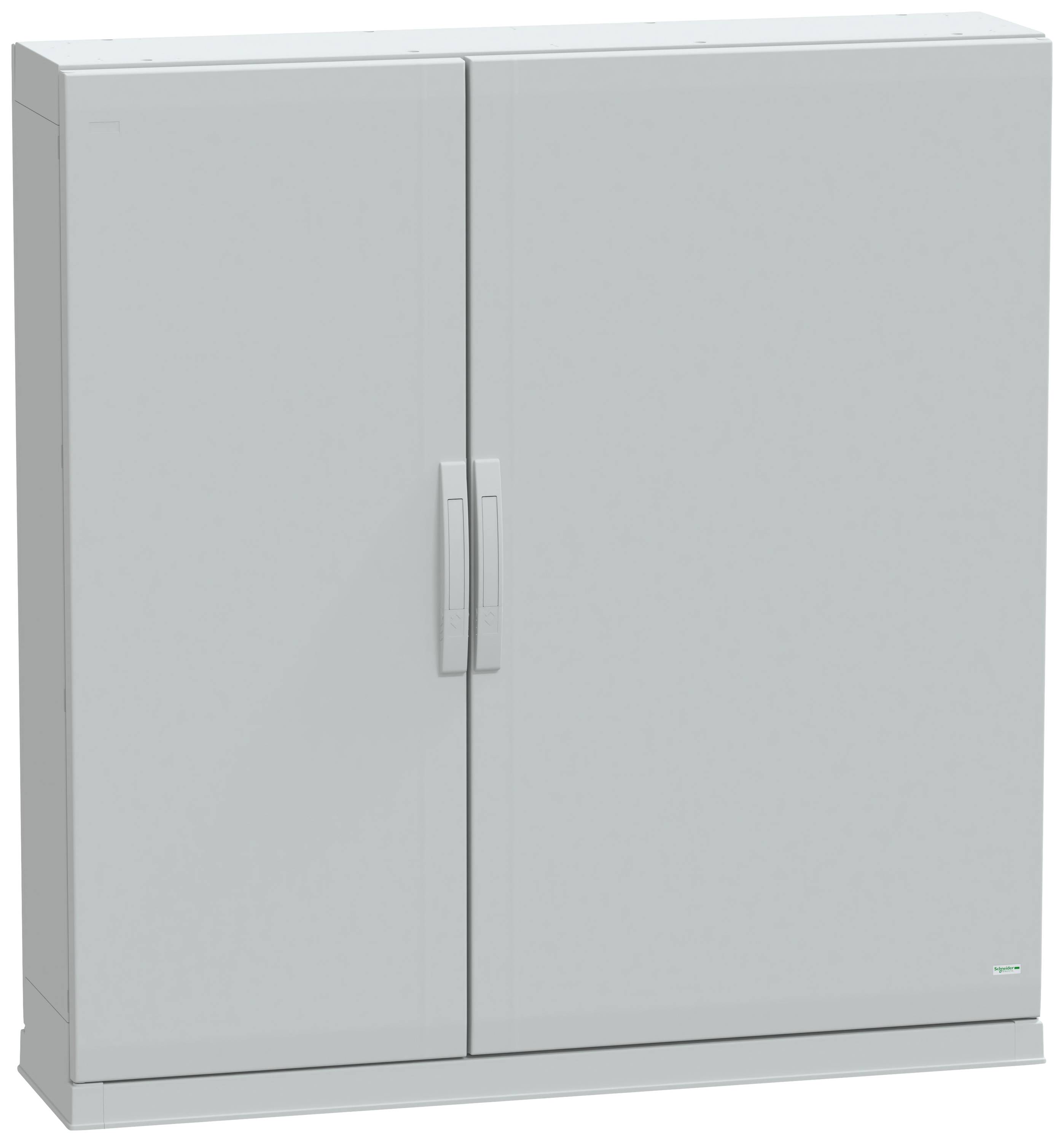 Ein grauer Metallschrank mit Doppeltüren und einem Griff an jeder Tür. Geeignet für die Aufbewahrung in Büros oder Werkstätten.