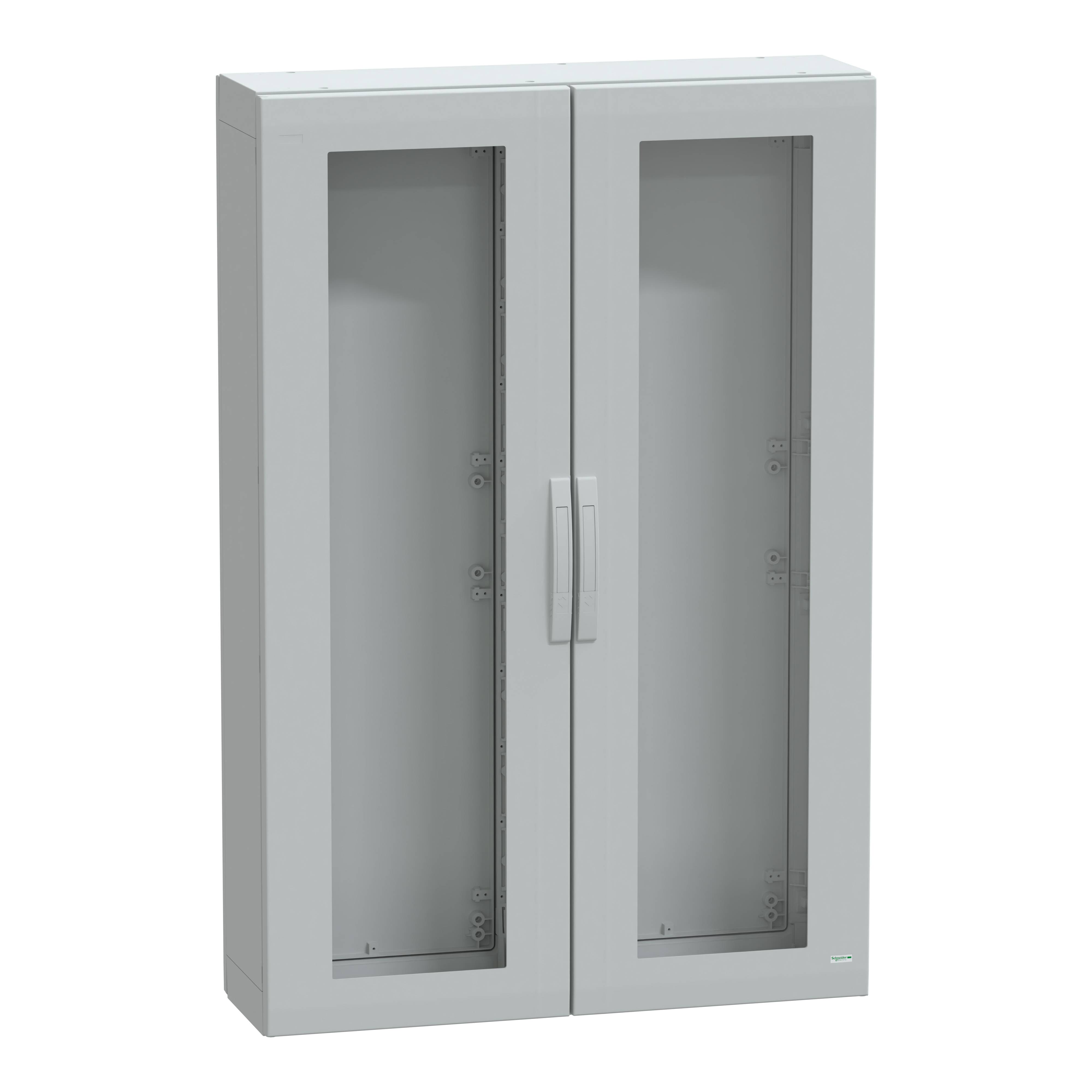 Grauer Metallschrank mit Glastüren, geschlossen. Schlichtes, funktionales Design. Geeignet zur Aufbewahrung in Büros oder Werkstätten.