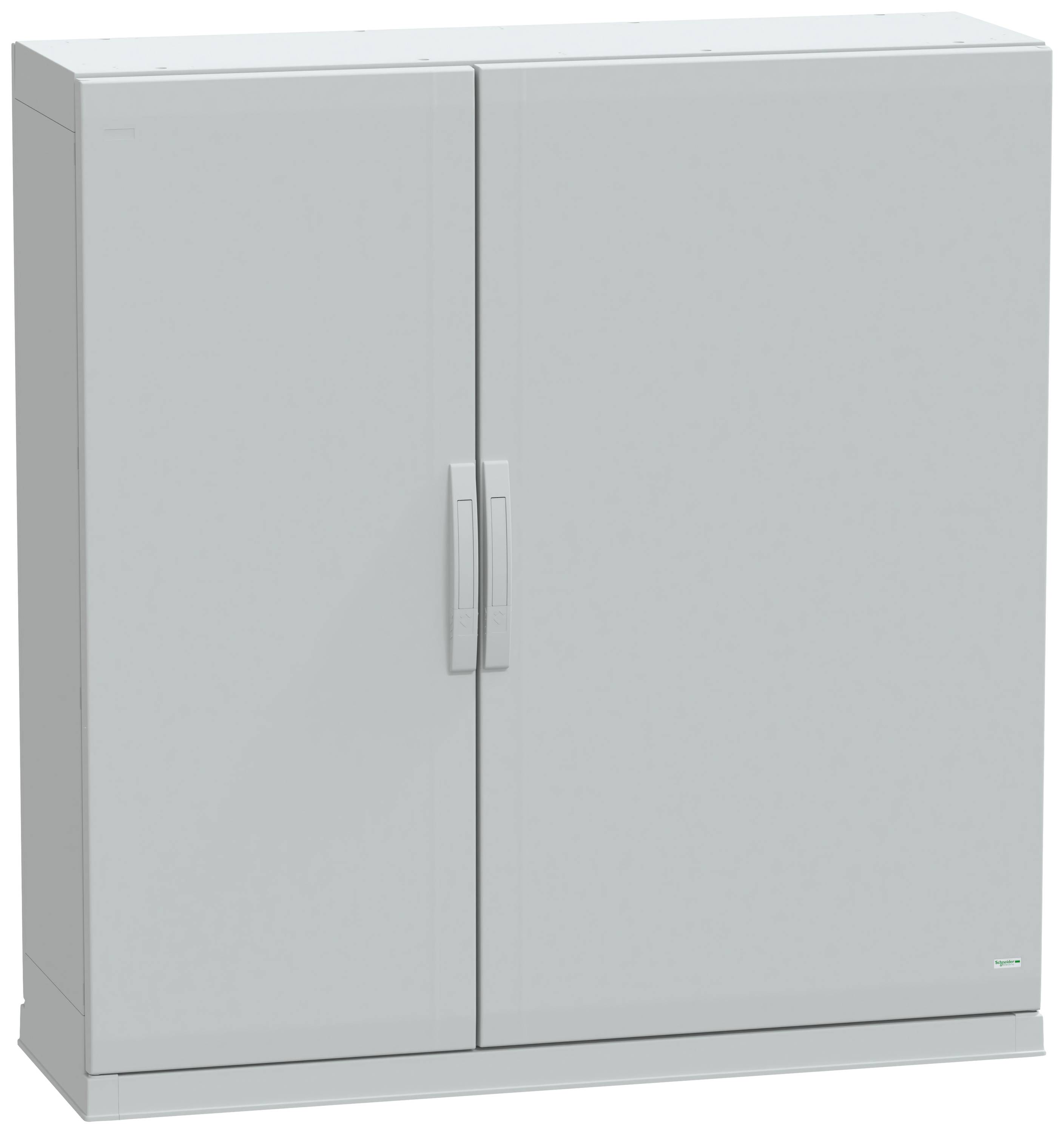Ein grauer, rechteckiger Schrank mit zwei Türen und einem mittig angebrachten Griff, ideal zur Lagerung von Technik oder Werkzeugen.