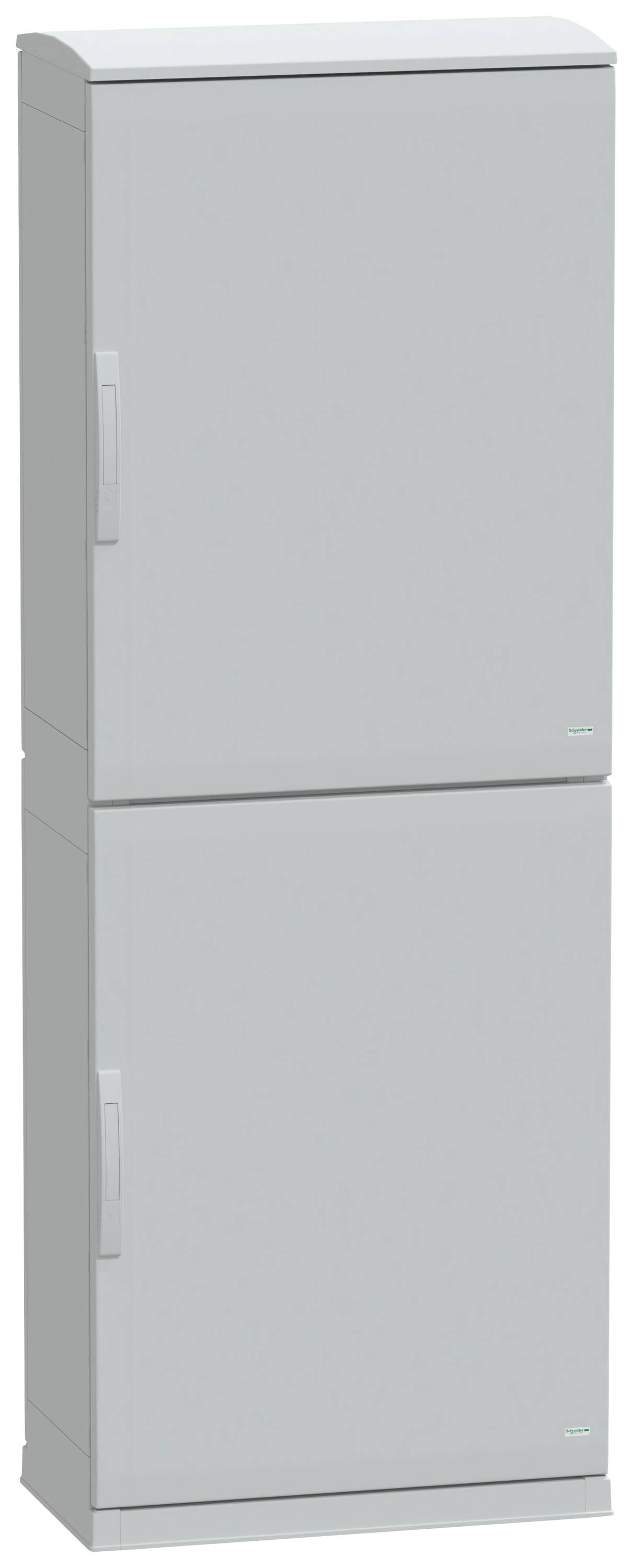 Ein hellgrauer Aktenschrank mit zwei Türen, einer oben und einer unten. Der Schrank steht frei ohne weitere Gegenstände in der Umgebung.