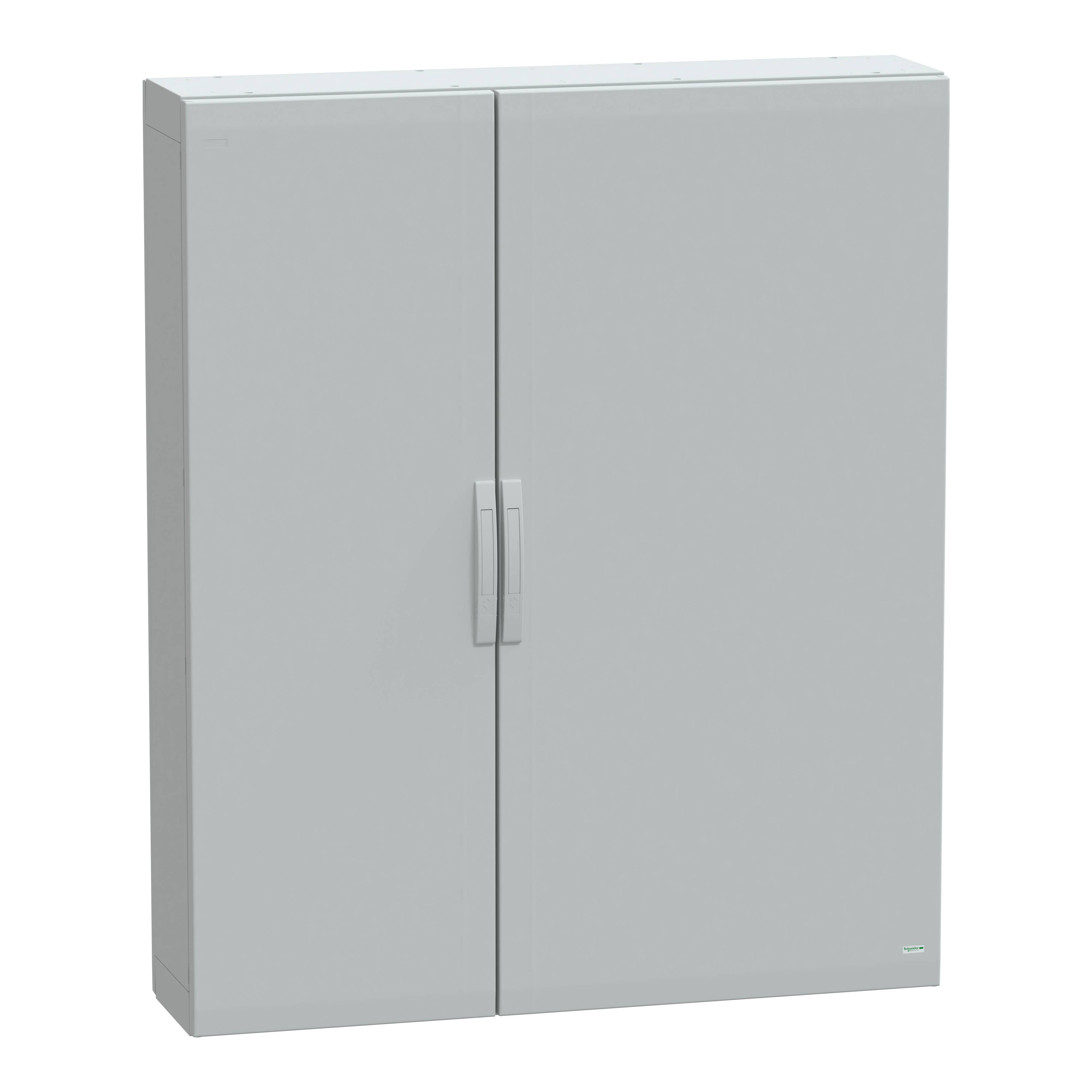 Ein grauer Schrank mit zwei Türen und einem zentralen Griff.
