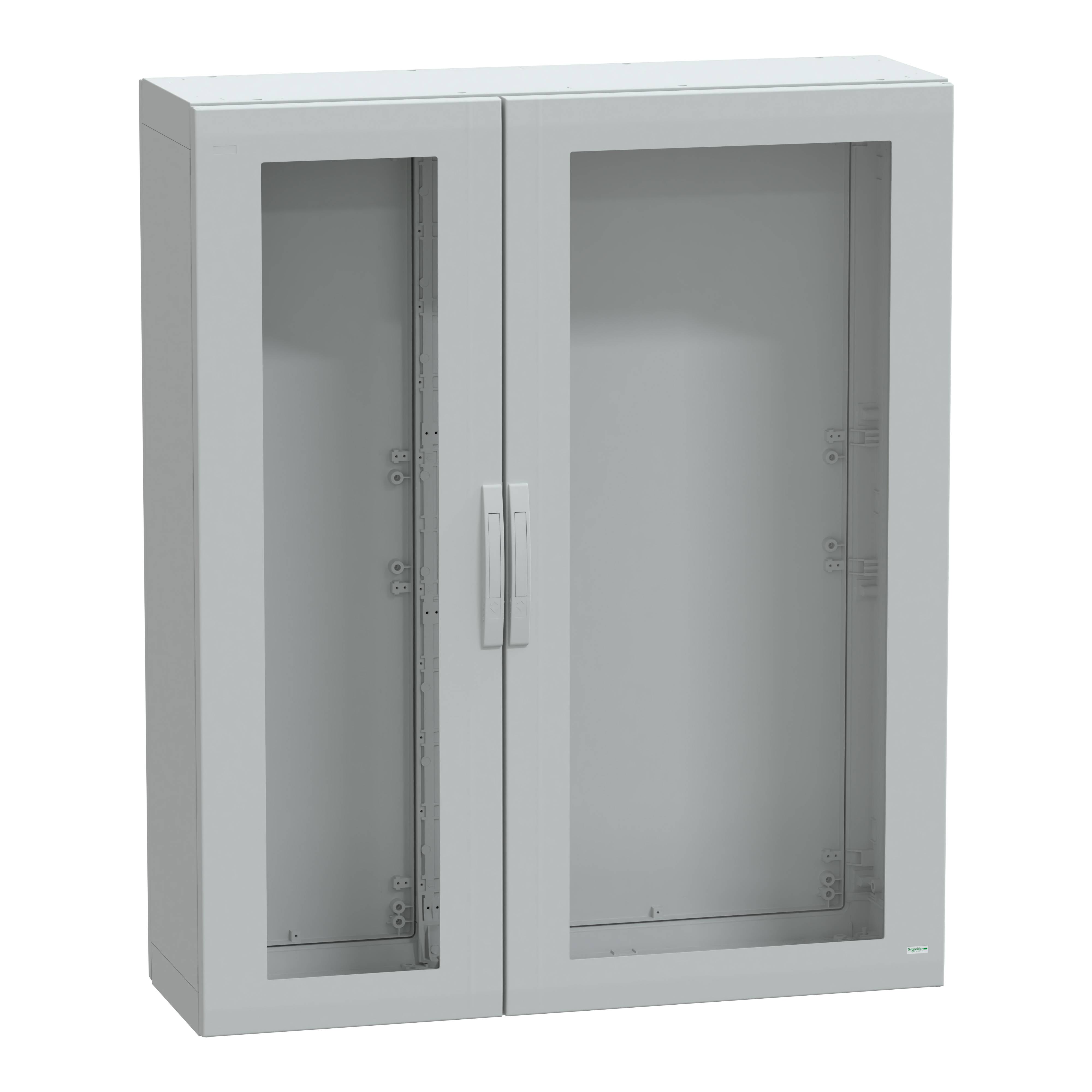 Ein grauer Schrank mit zwei Glastüren, geeignet für die Aufbewahrung von Gegenständen in einem Büro oder Werkstatt.