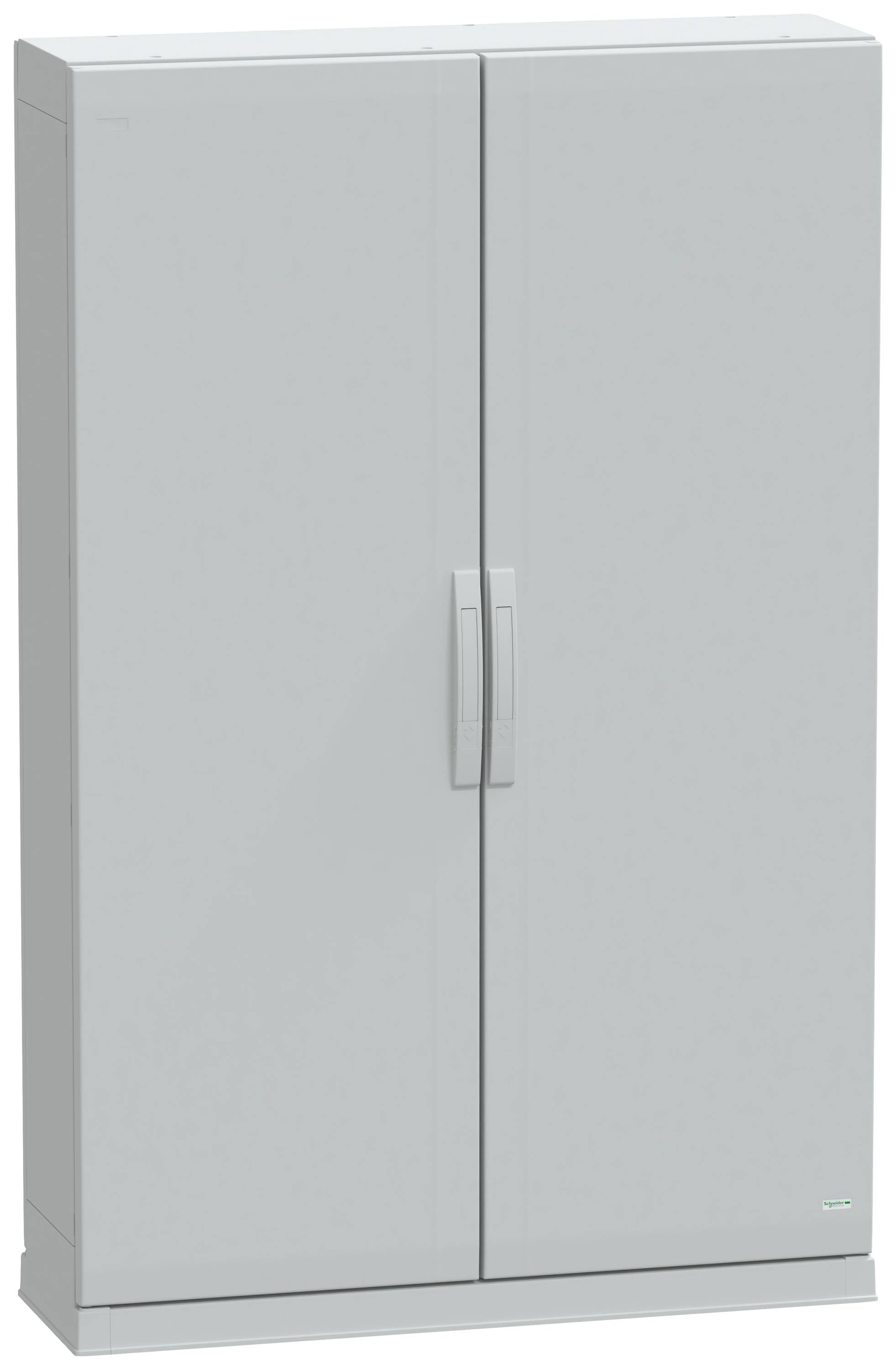 Grauer Metallschrank mit zwei Türen und mittigem Griff, stehend auf einem ebenen Untergrund.