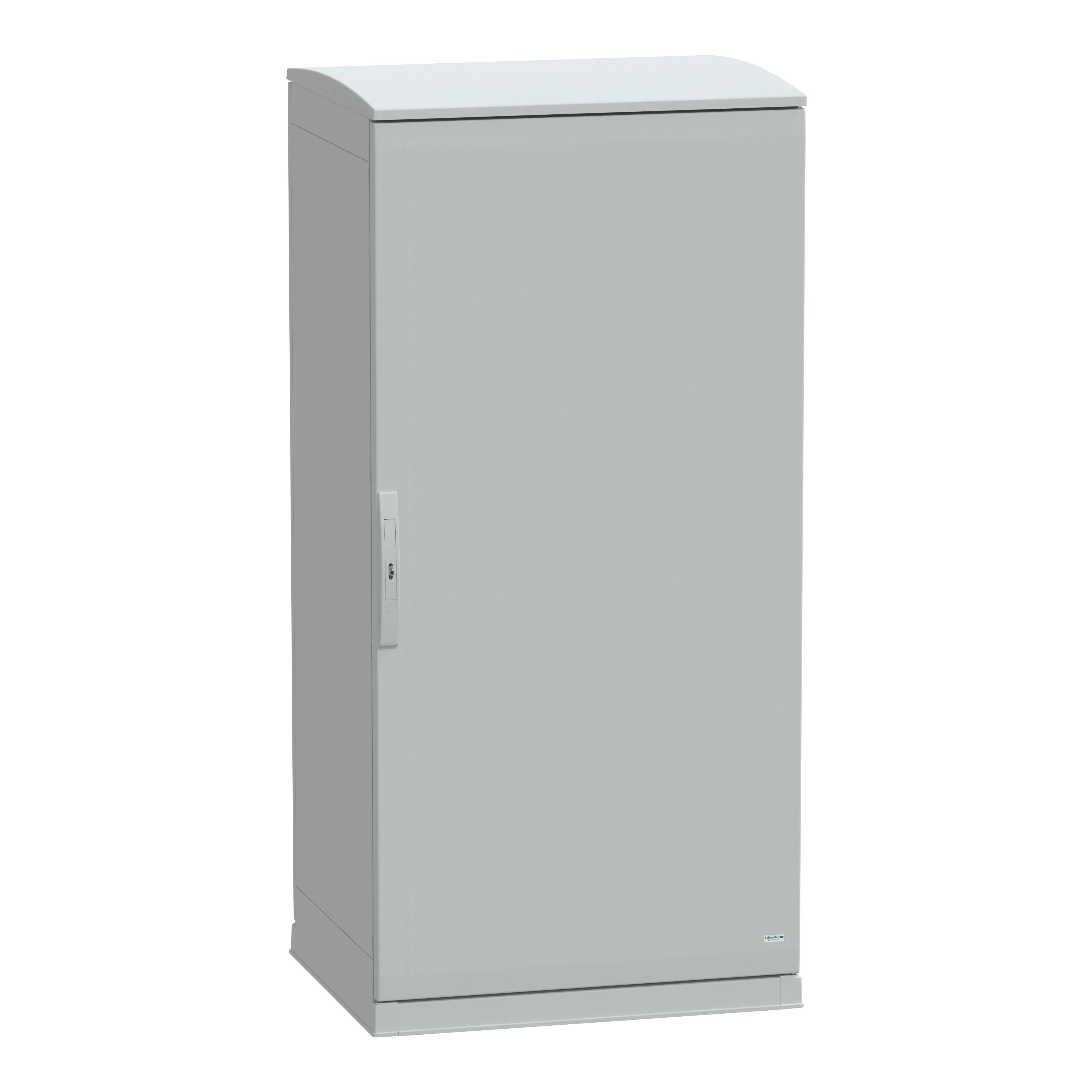 Grauer Elektro-/Steuerschrank mit geschlossenem Türdesign, geeignet für industrielle Anwendungen oder allgemeine Elektronikunterbringung.