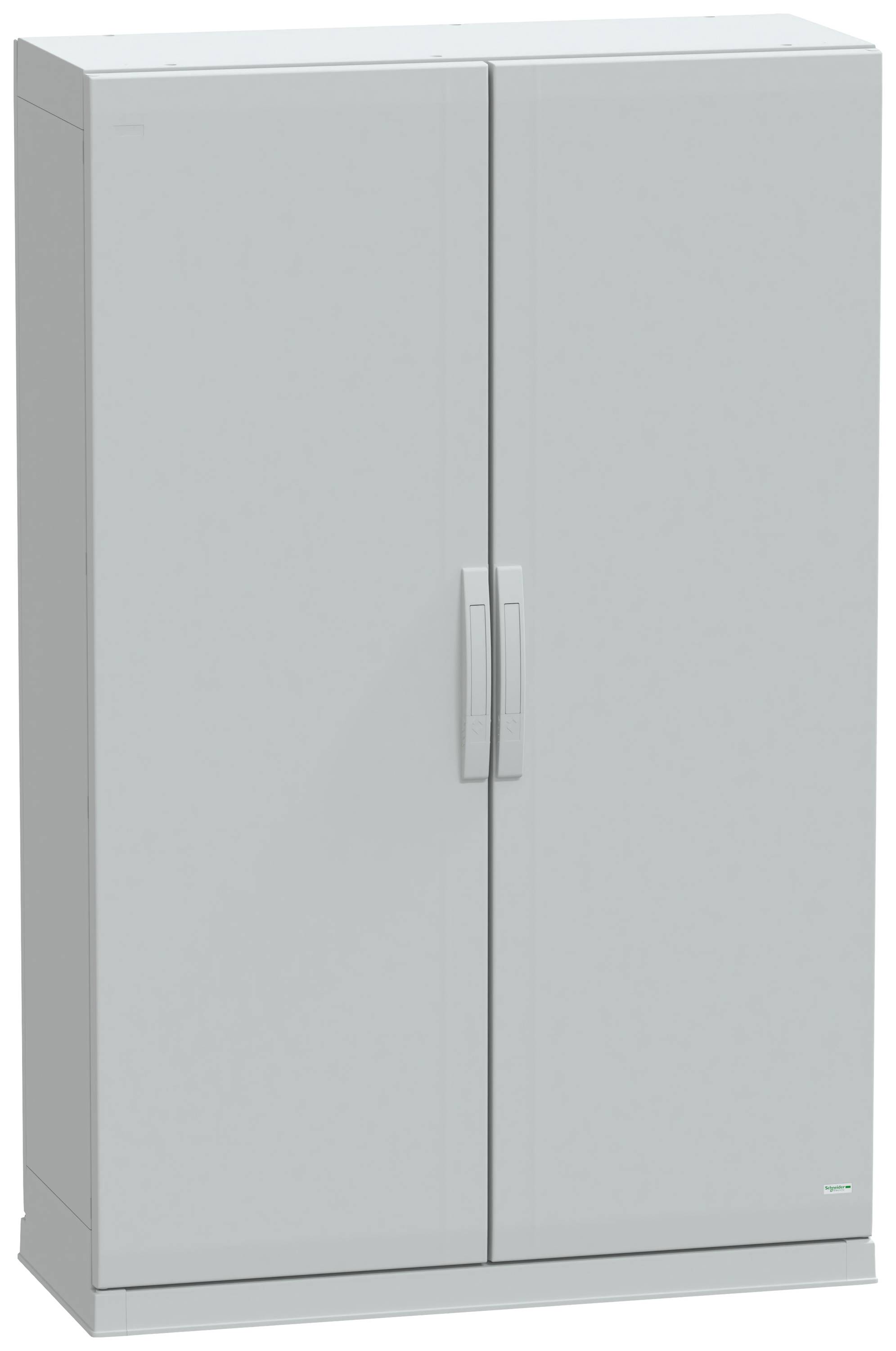Ein grauer Metallschrank mit zwei Türen und einem mittigen Griff, geeignet zur sicheren Aufbewahrung von Gegenständen und Dokumenten.
