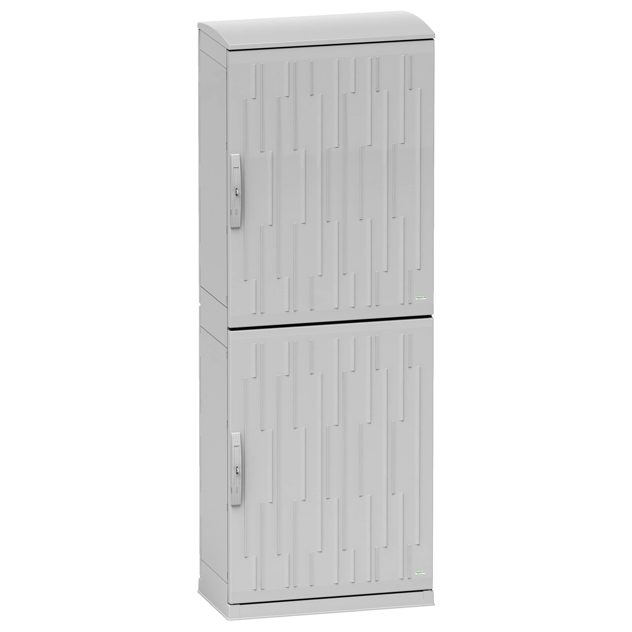 Ein silbergrauer, zweigeteilter Schrank mit vertikalen Griffen, ideal zur Aufbewahrung von Werkzeugen oder Haushaltsgegenständen.