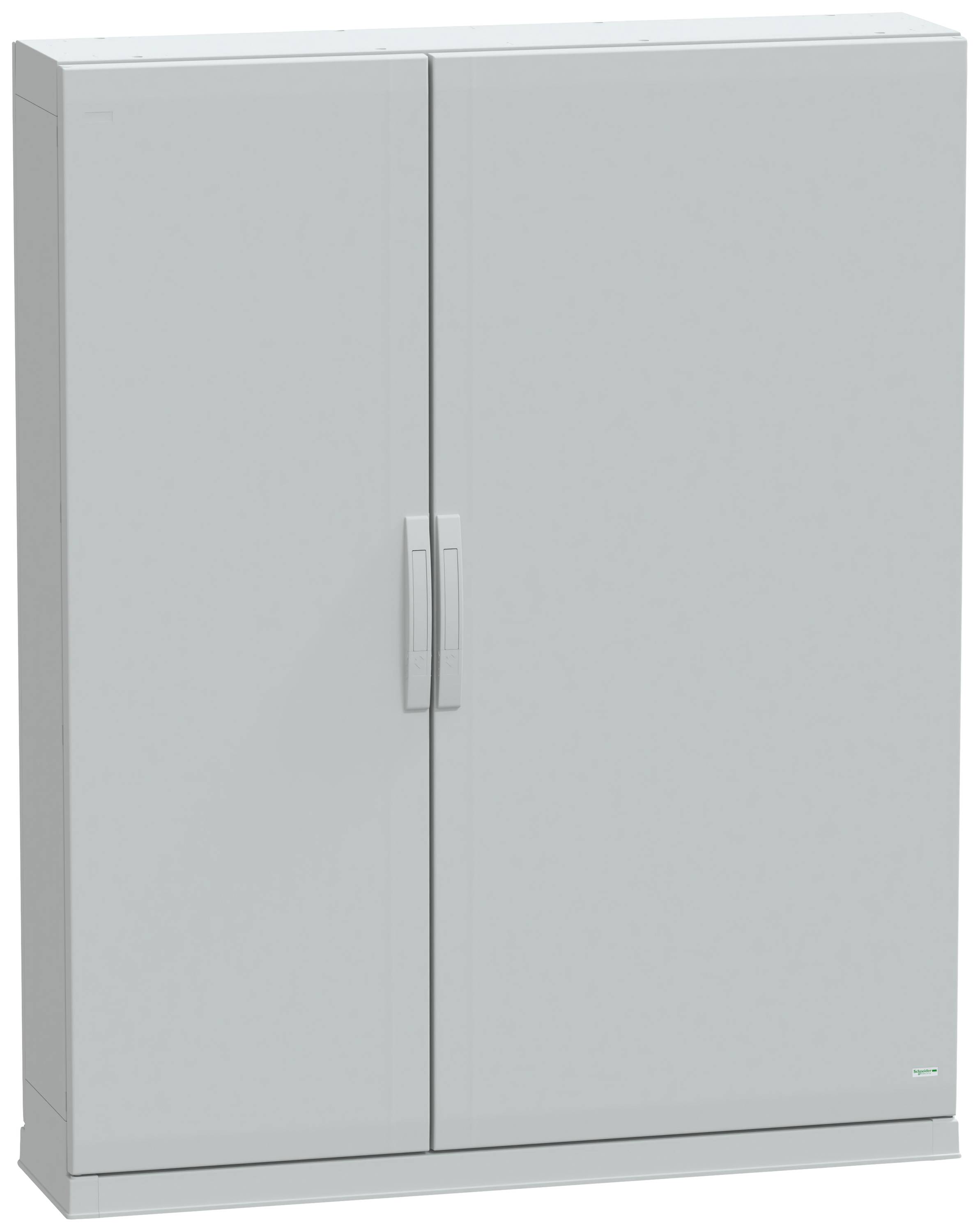 Metallschrank mit zwei Türen, graue Farbe, einfacher Griff in der Mitte. Geeignet für Lagerung im Büro oder Werkstatt.
