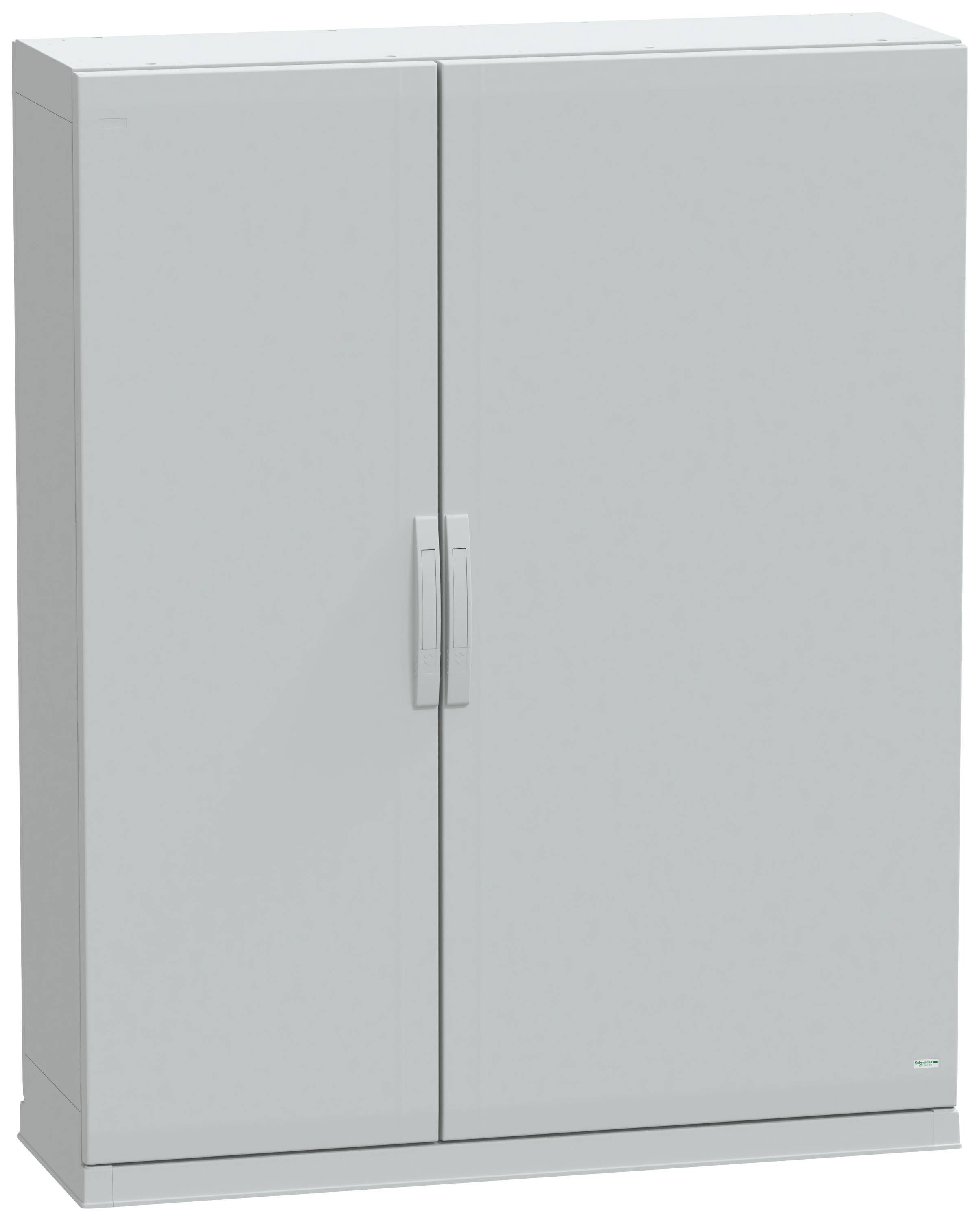 Grauer, geschlossener Aktenschrank mit zwei Türen und einem Griff in der Mitte, stehend auf einem ebenen Boden.
