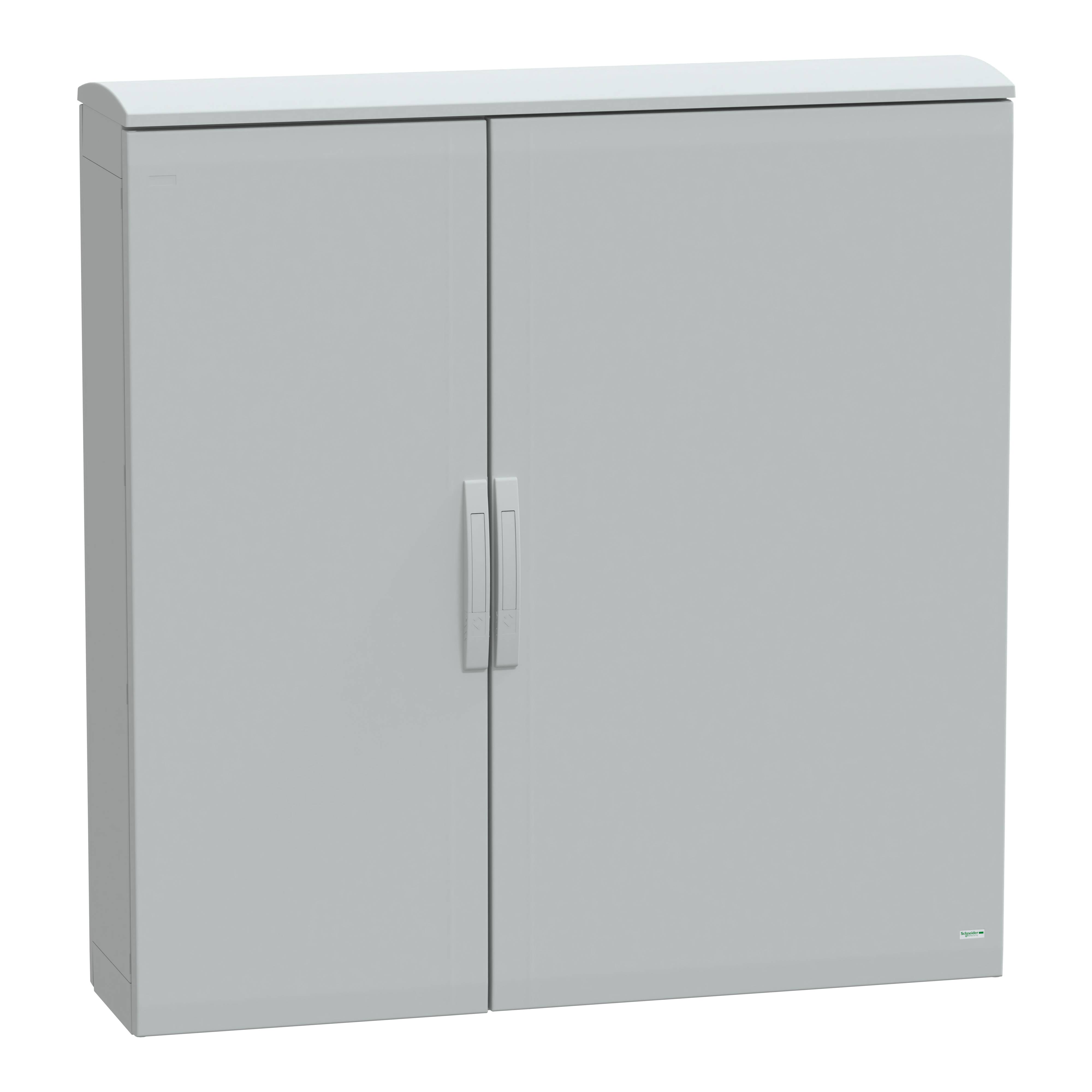 Ein grauer Schrank mit zwei Türen und einem Griff in der Mitte; schlichtes Design, ohne zusätzliche Dekoration oder Aufschrift.