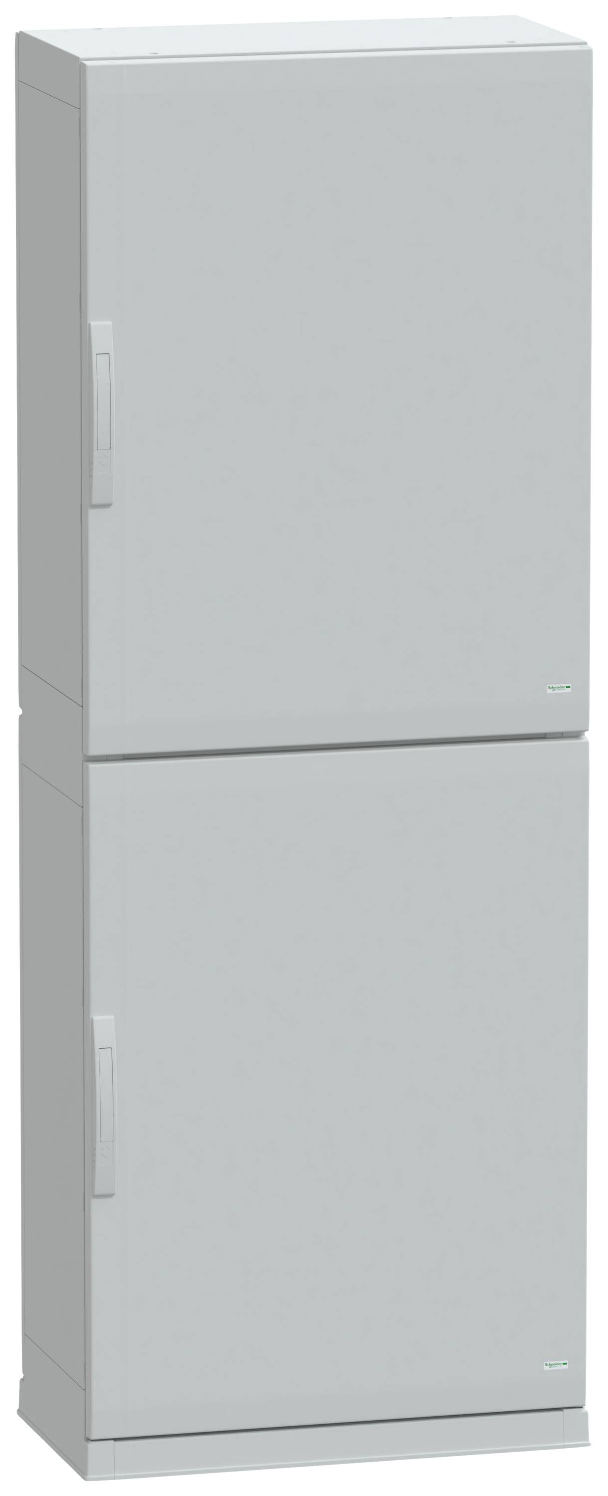 Ein grauer, zweitüriger Kühlschrank steht vor einem neutralen Hintergrund. Die obere Tür ist größer als die untere.