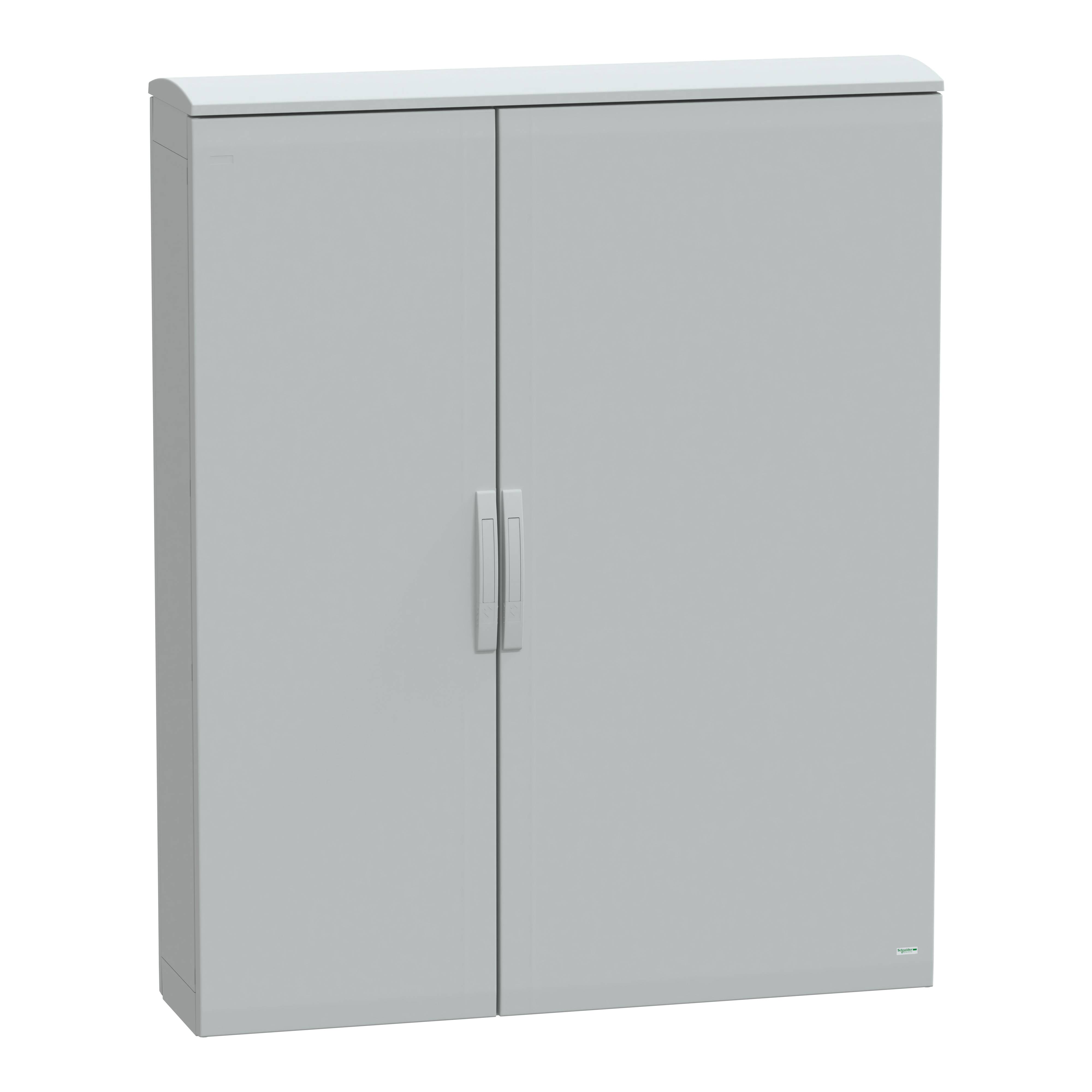 Grauer Metallschrank mit zwei Türen und mittigem Griff. Das Design ist schlicht und funktionell, geeignet für Büro- oder Industrieraum.