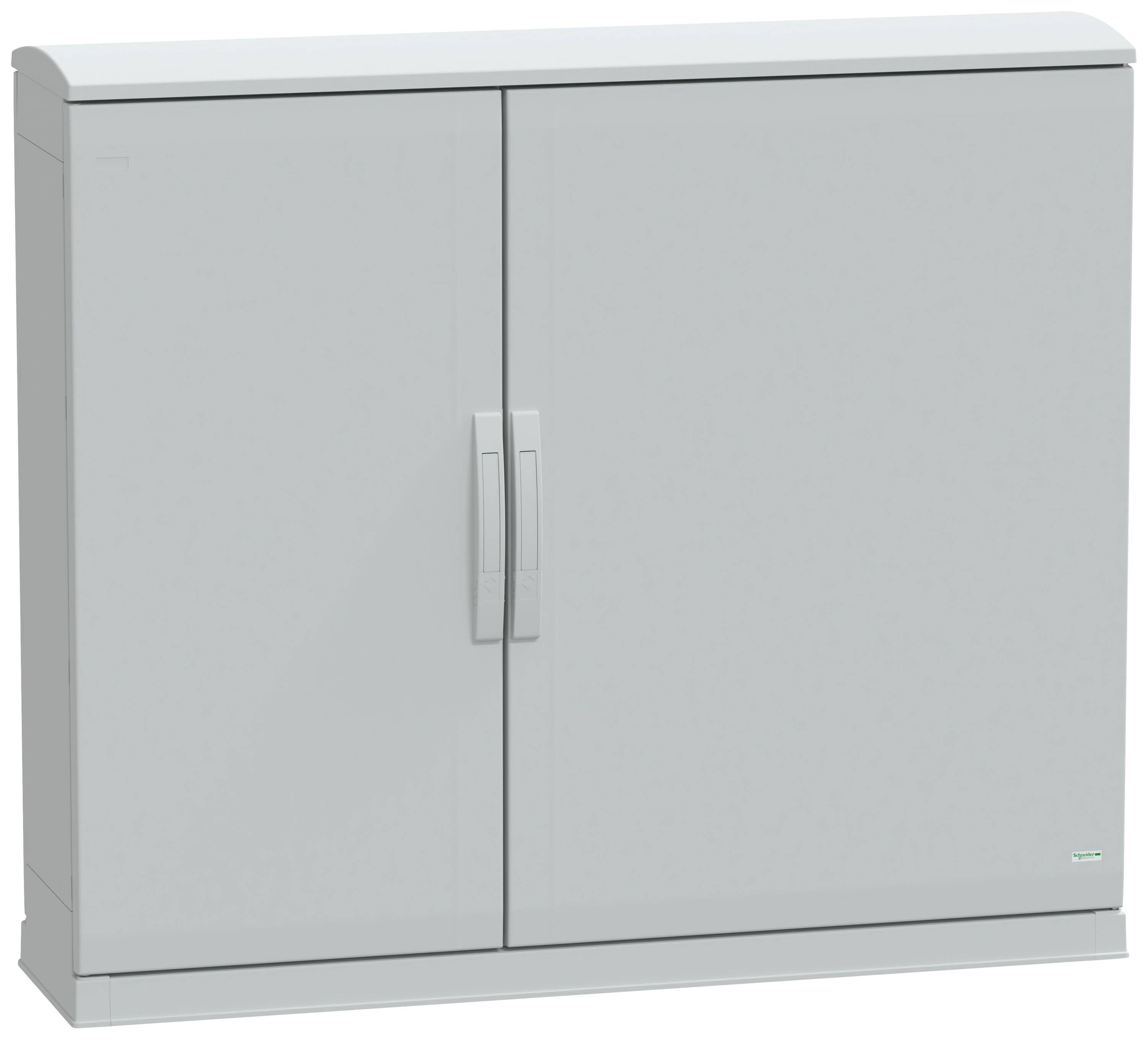 Ein grauer, geschlossener Schrank mit zwei Türen und Griffen.