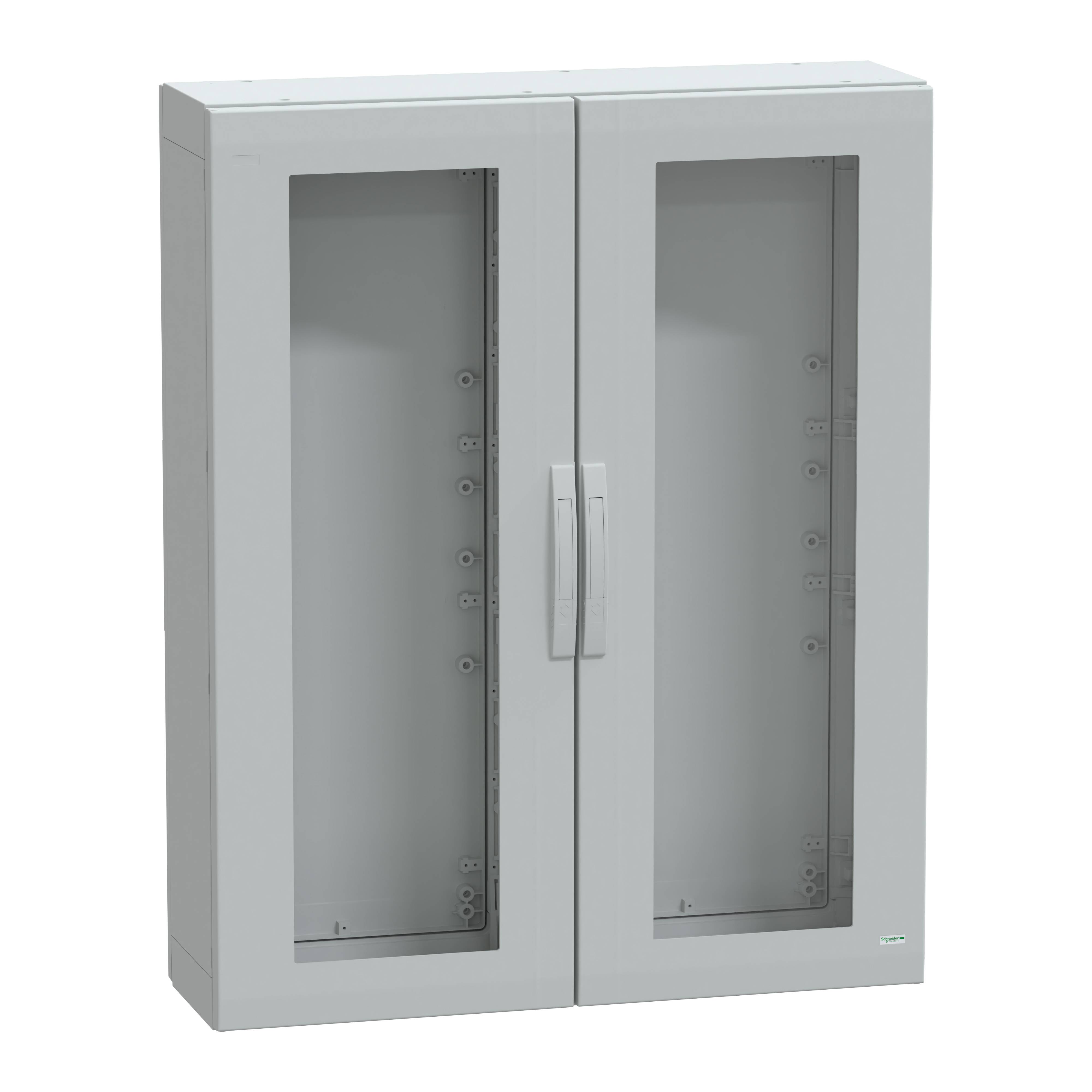 Schrank mit Glastüren, leer, für elektrische oder technische Installationen.