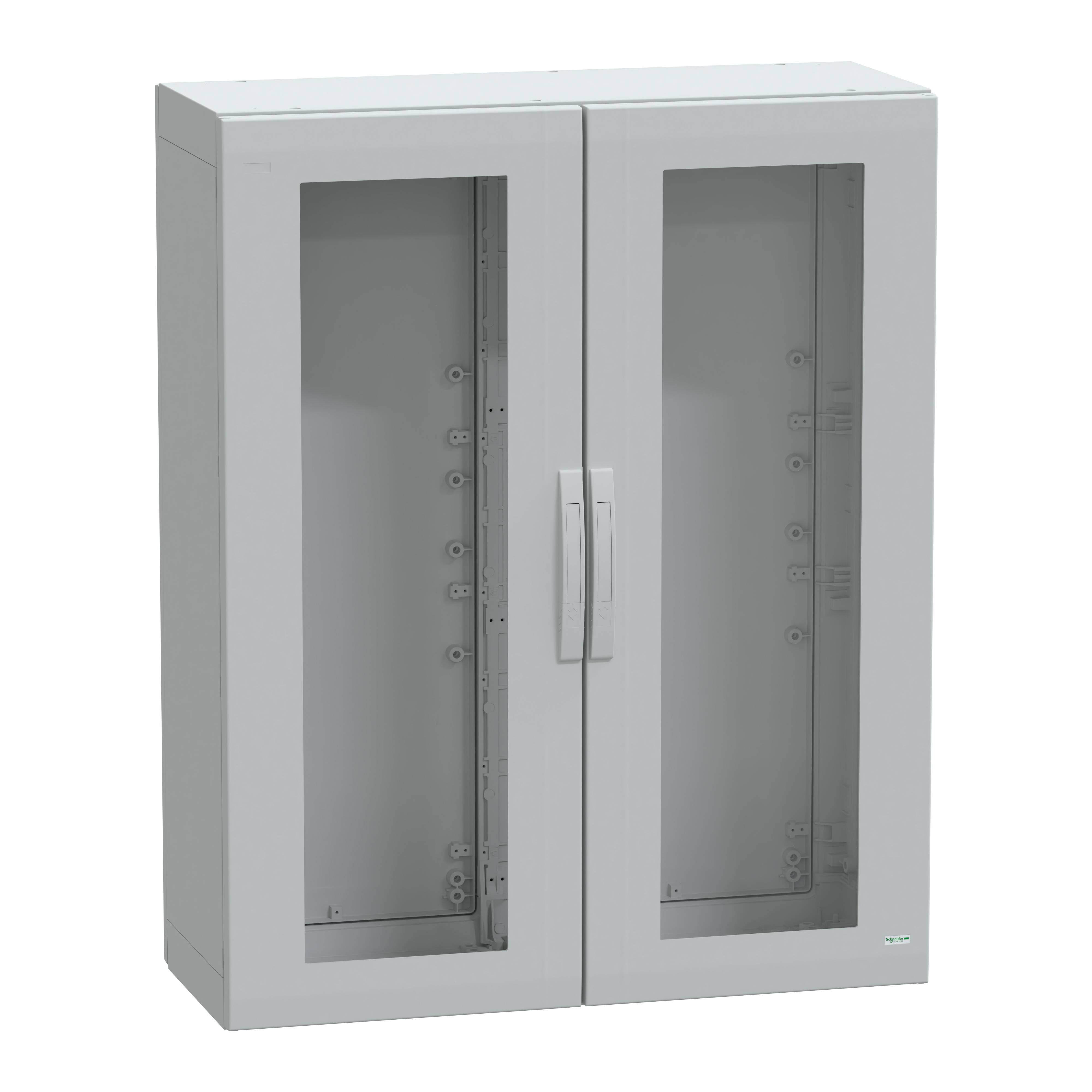 Ein grauer, leerer Wandschrank mit zwei durchsichtigen Türen, geeignet für die Aufbewahrung von elektronischen Geräten.