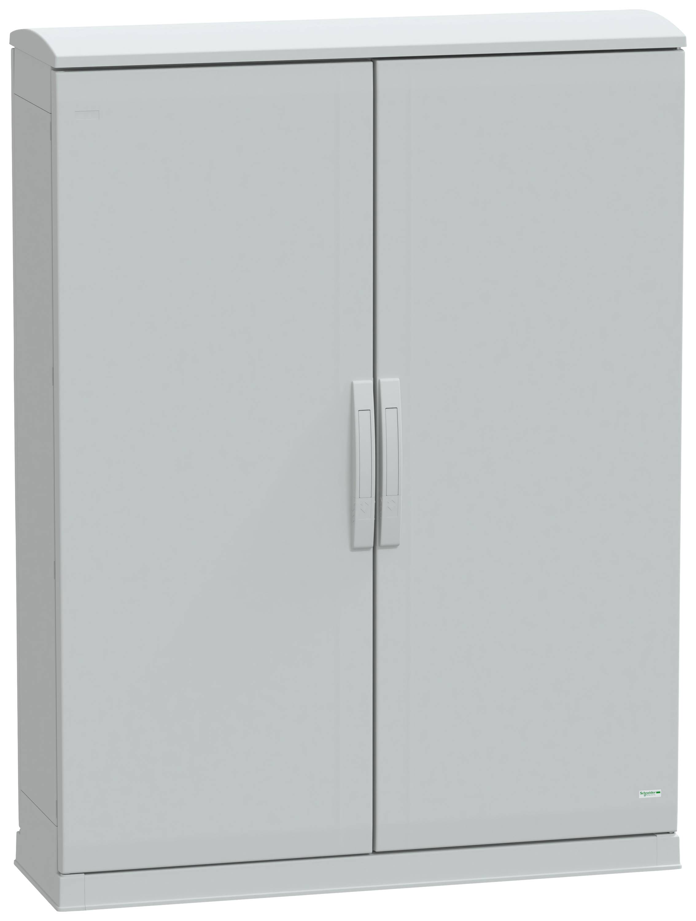 Metallschrank mit zwei Türen, grau, mit mittigem Griff.