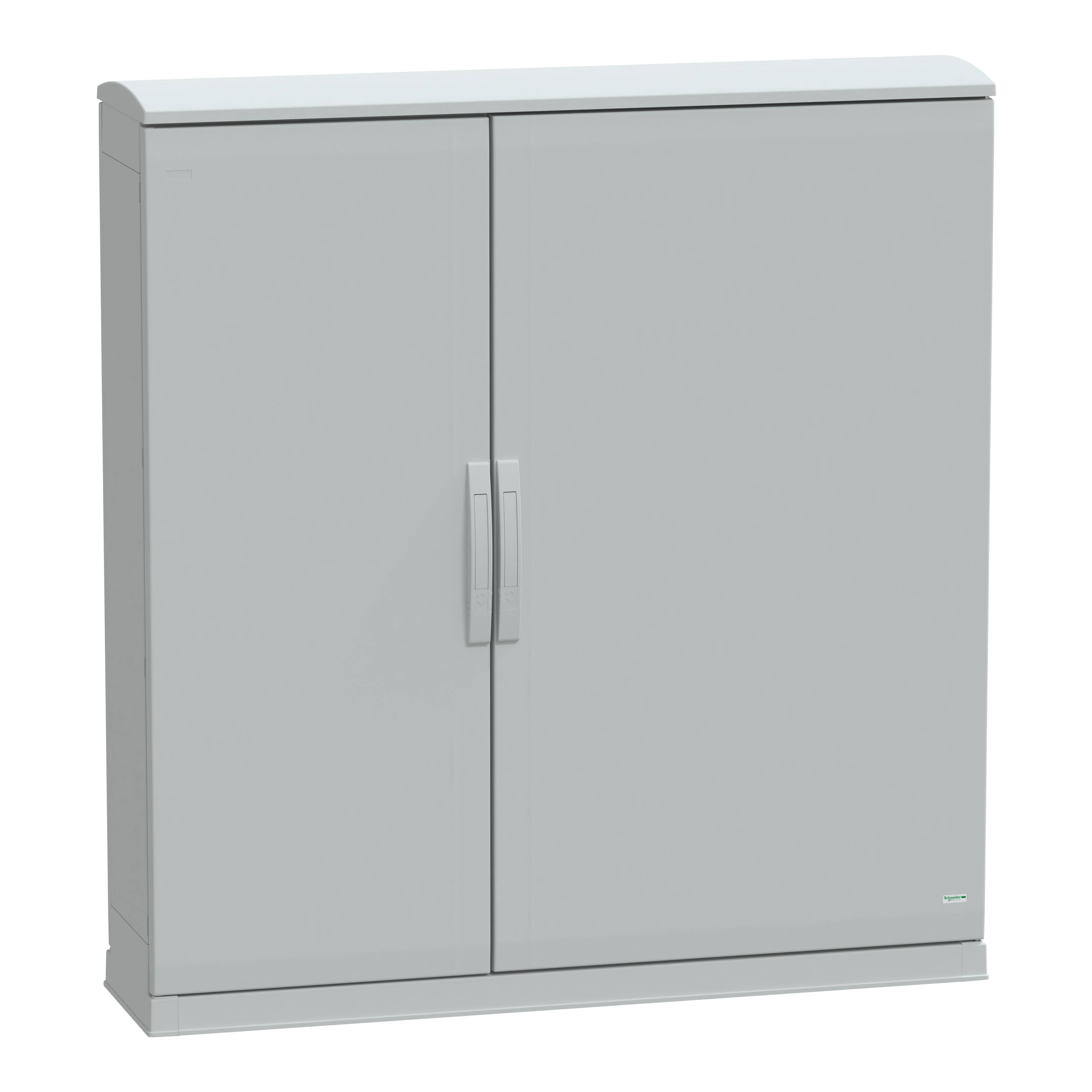 Ein grauer, rechteckiger Metallschrank mit zwei Türen und einem zentralen Griff, geeignet für Lagerung oder Organisation von Materialien.