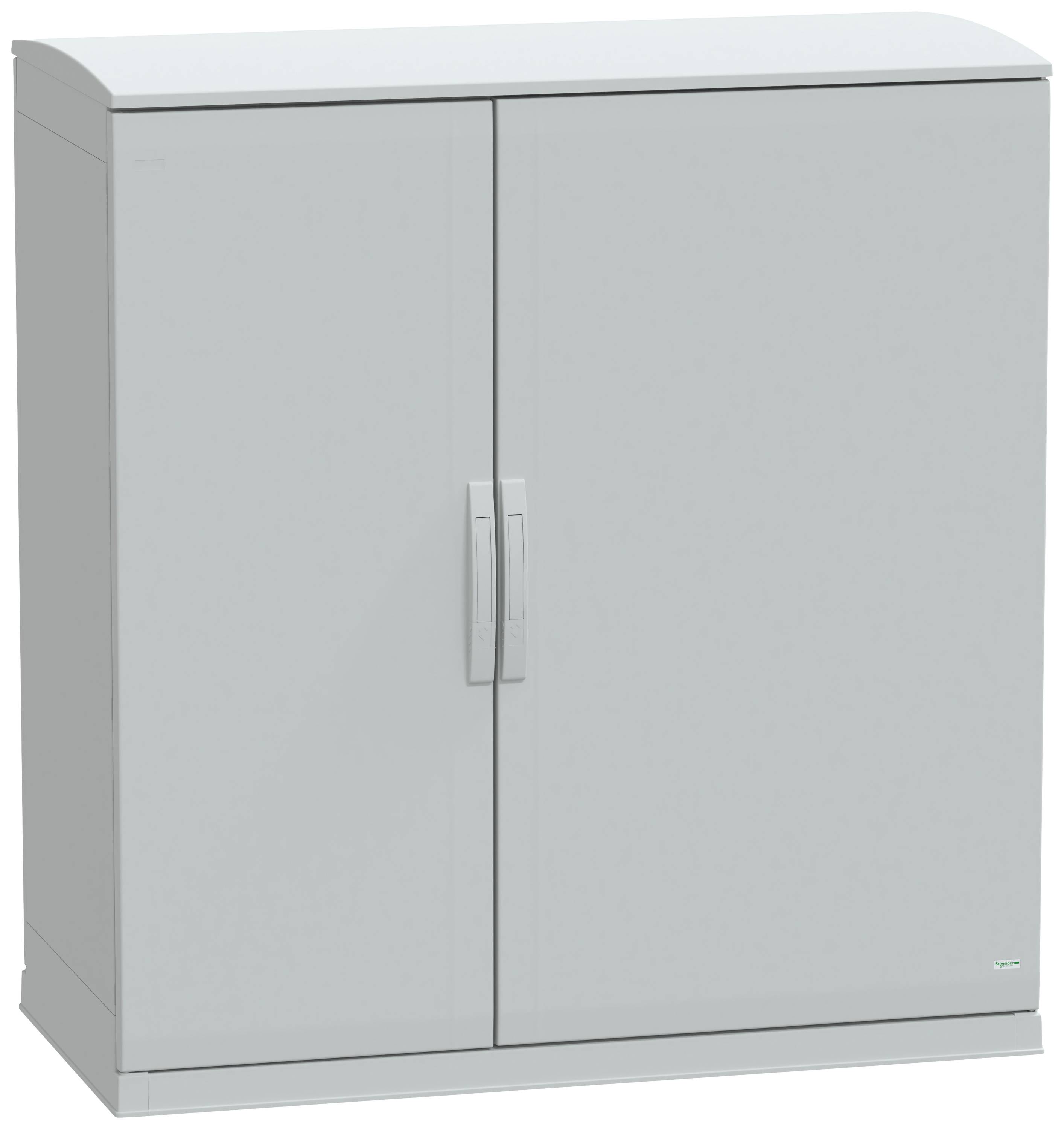 Ein grauer Metallschrank mit zwei Türen und Griffen, freistehend auf dem Boden.