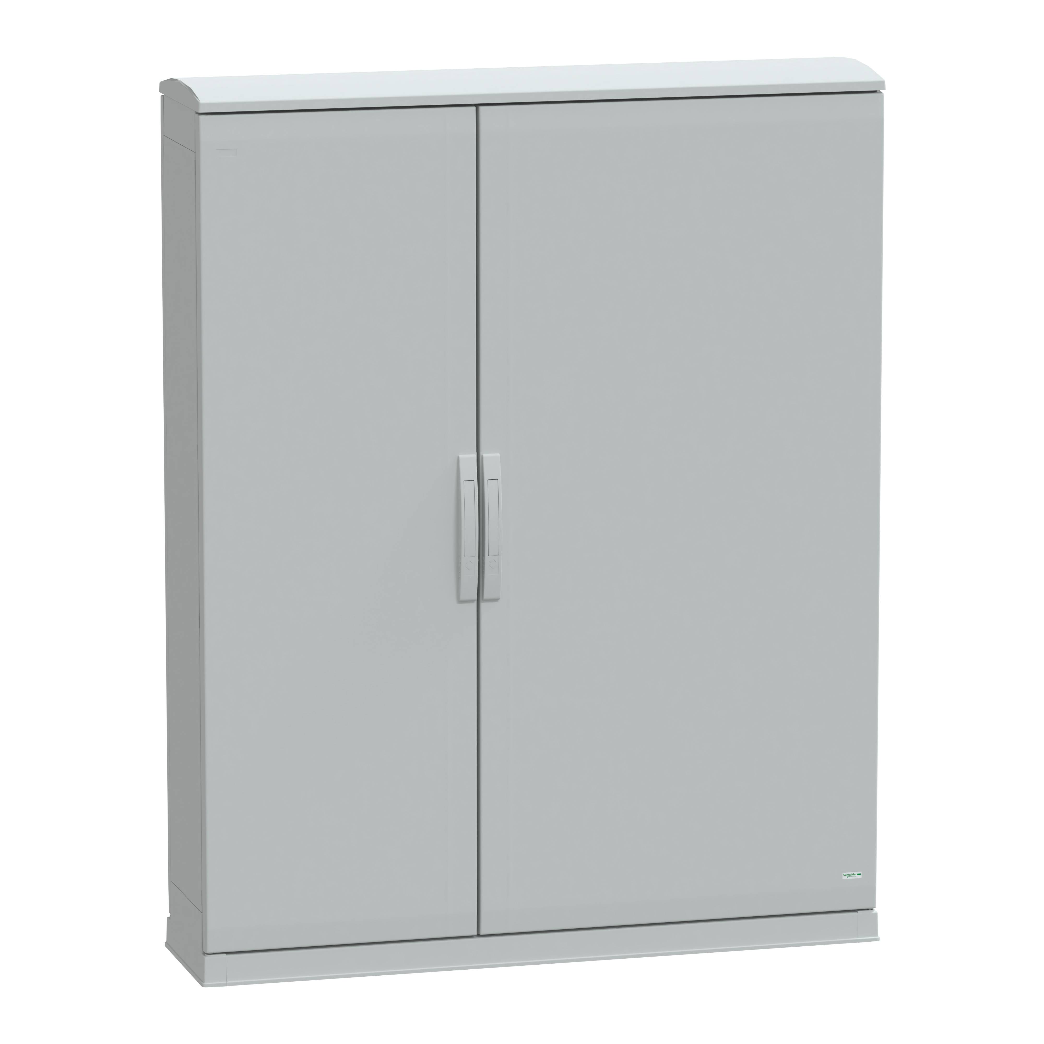 Ein grauer Metallschrank mit zwei Türen und einem Griff in der Mitte.