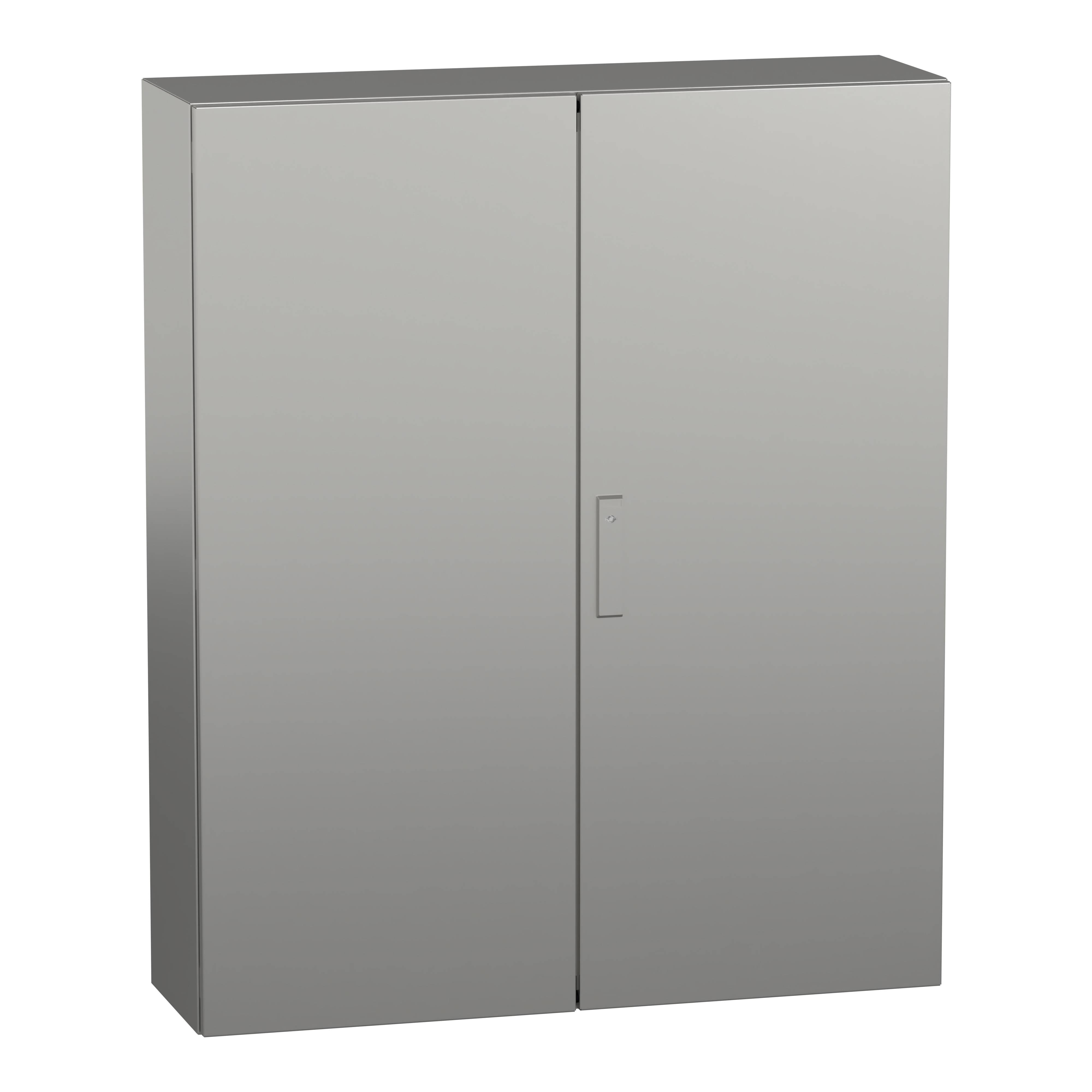 Grauer, zweitüriger Metallschrank mit schlichtem Design und zentralem Griff auf der rechten Tür.