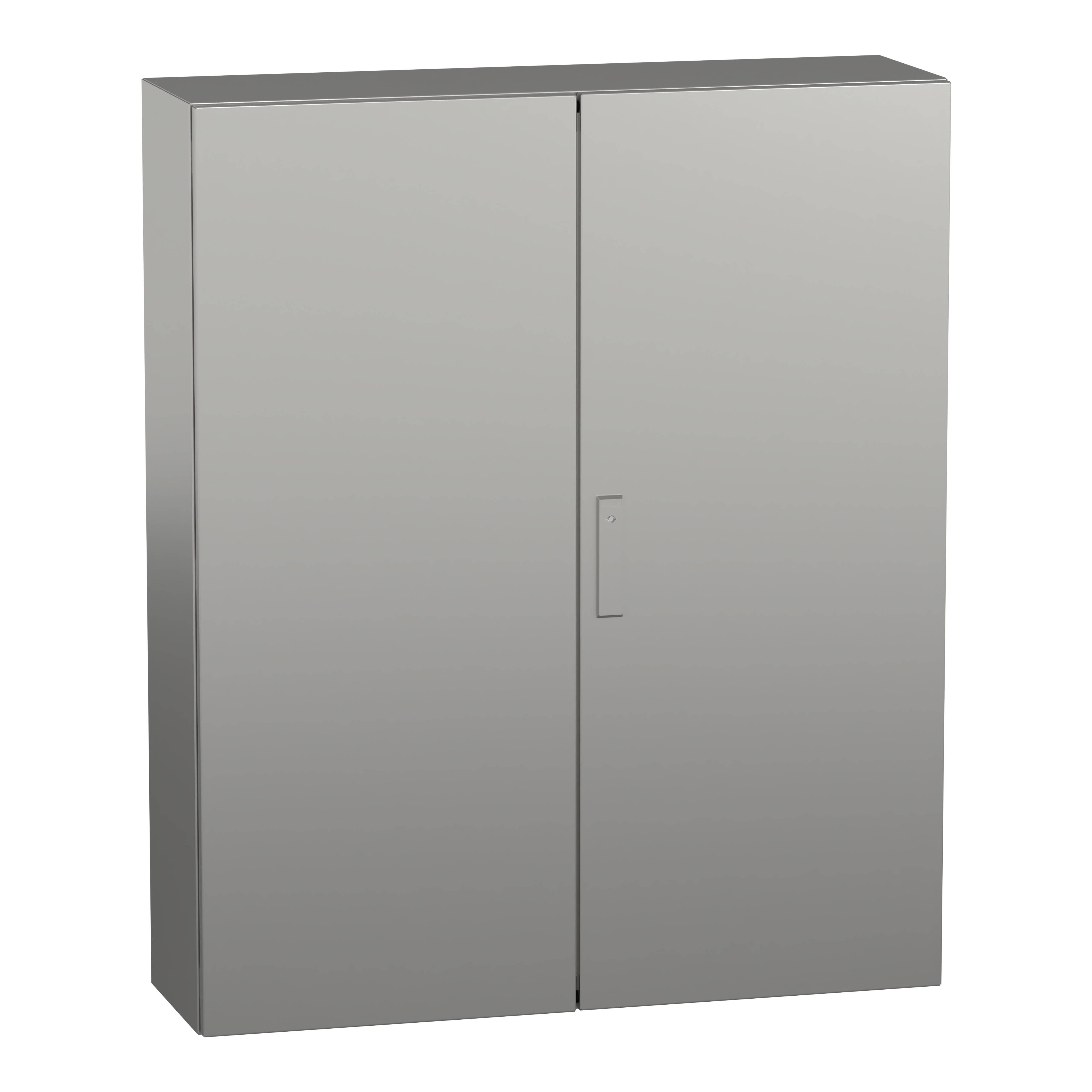 Metallschrank mit zwei Türen, geschlossen.