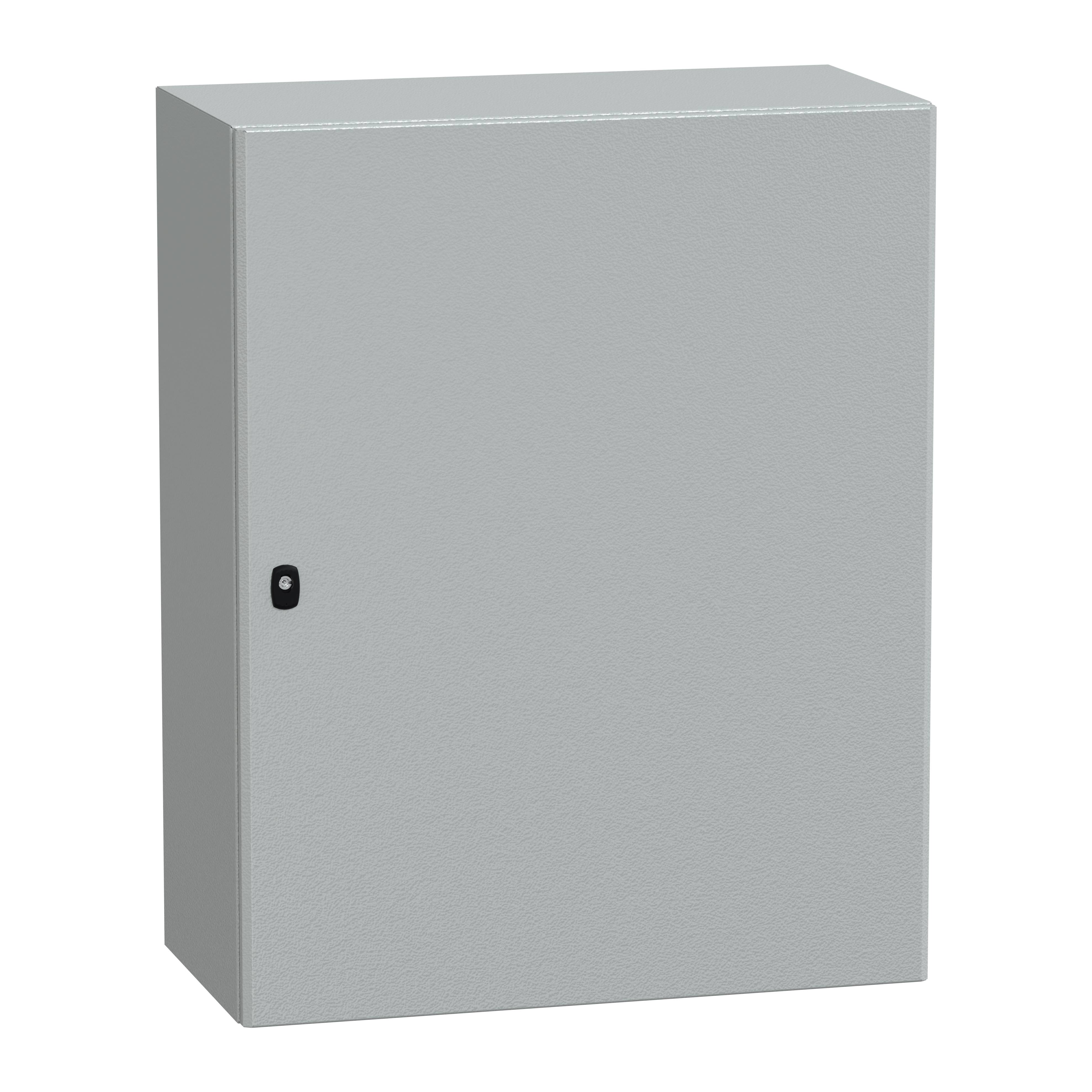 Graues Metallgehäuse mit einer Tür und einem Griff, vor neutralem Hintergrund.