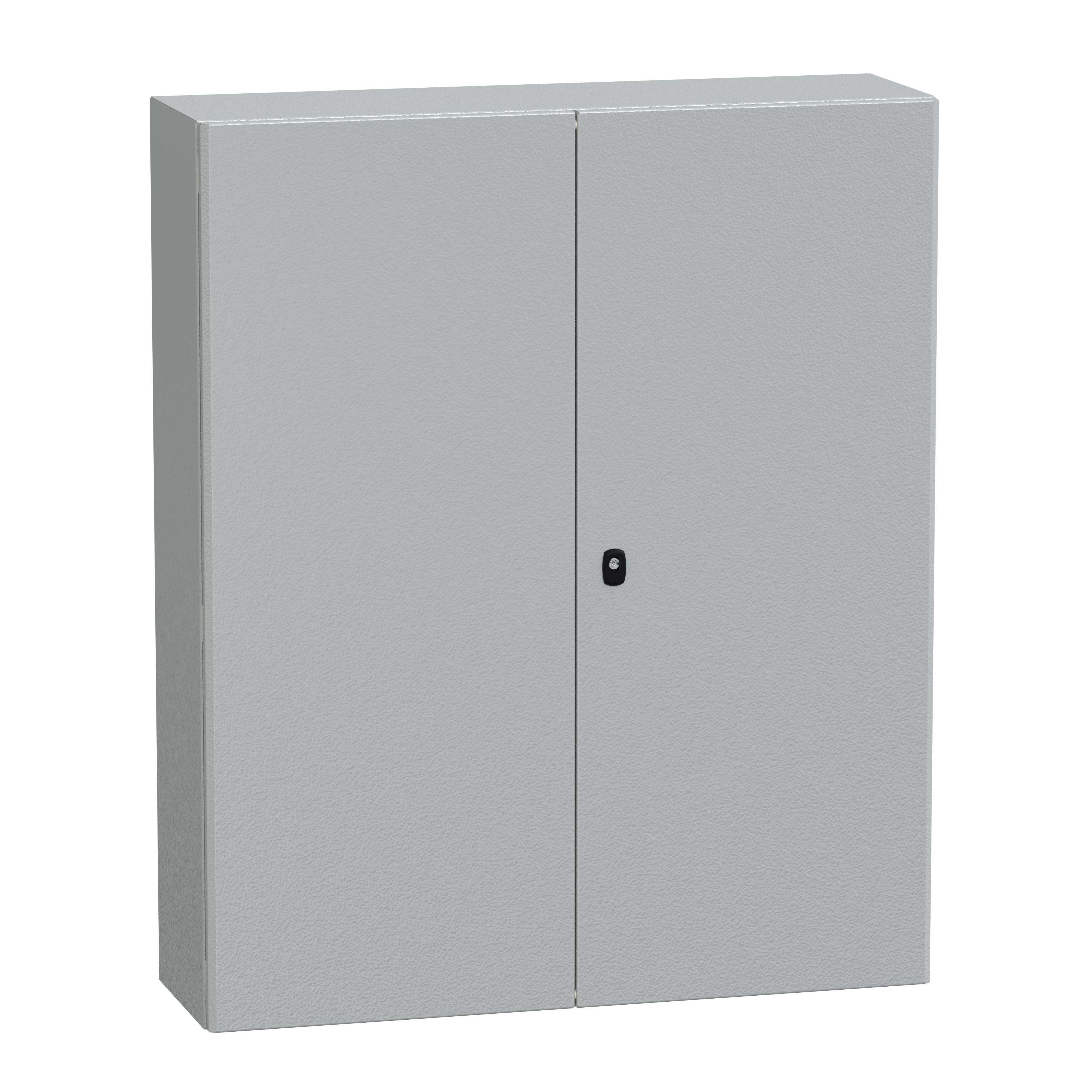 Ein grauer Metallschrank mit zwei Türen und einem zentralen Schloss. Ideal zur Aufbewahrung von Werkzeugen oder Dokumenten.