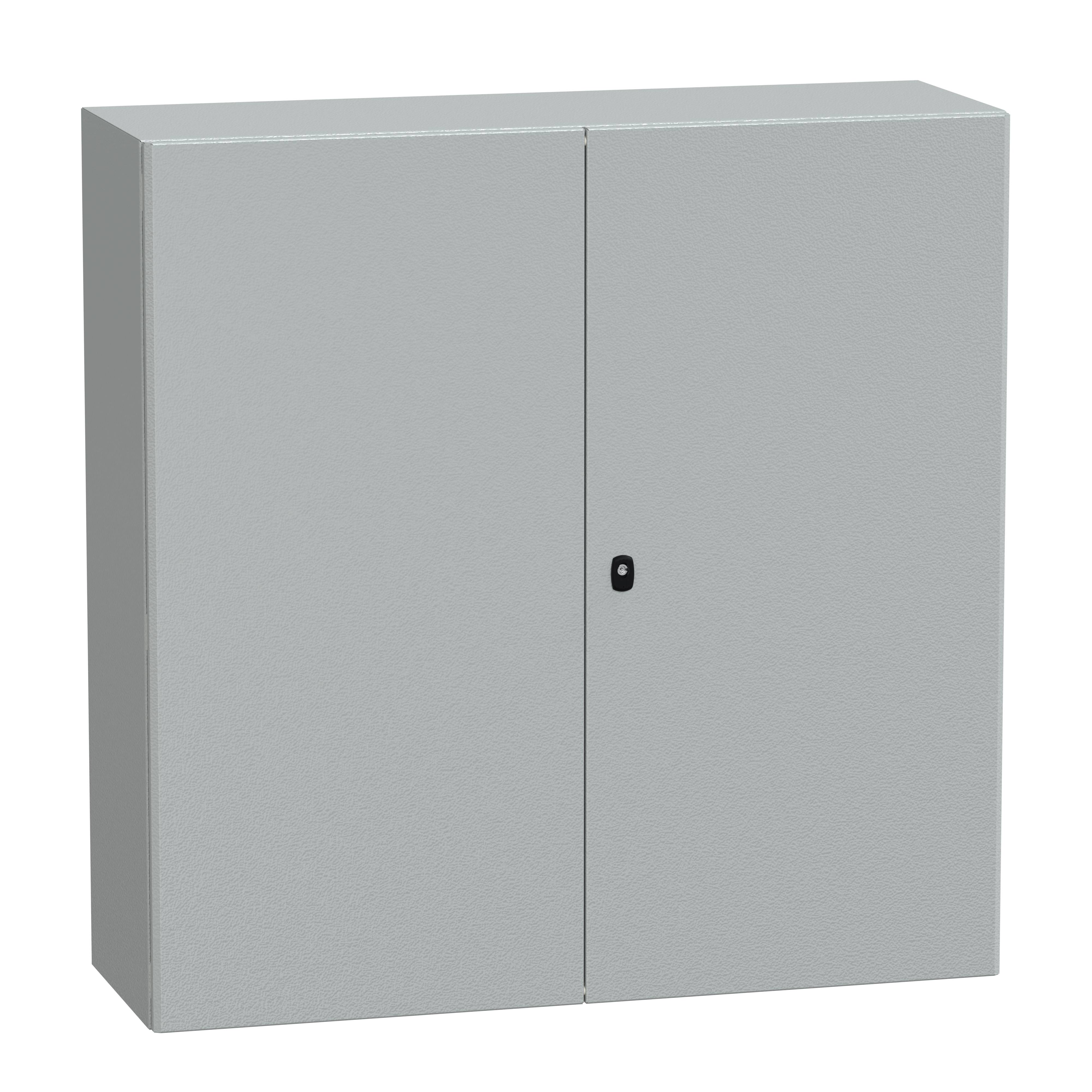 Grau gestrichener Metallschrank mit zwei Türen und einem schwarzen Griff.