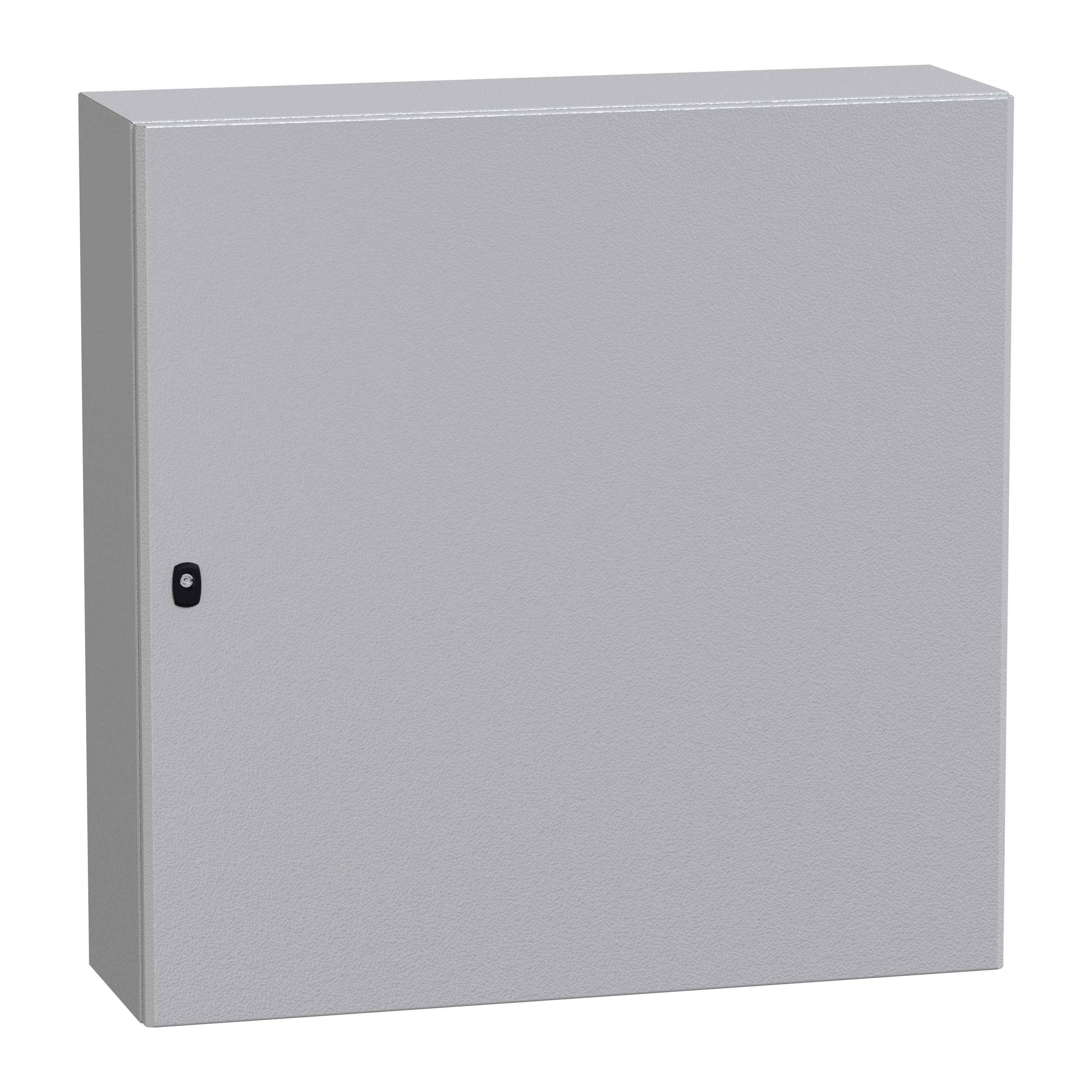Ein geschlossener, grauer Metallschrank mit einem kleinen schwarzen Schließmechanismus an der Seite.