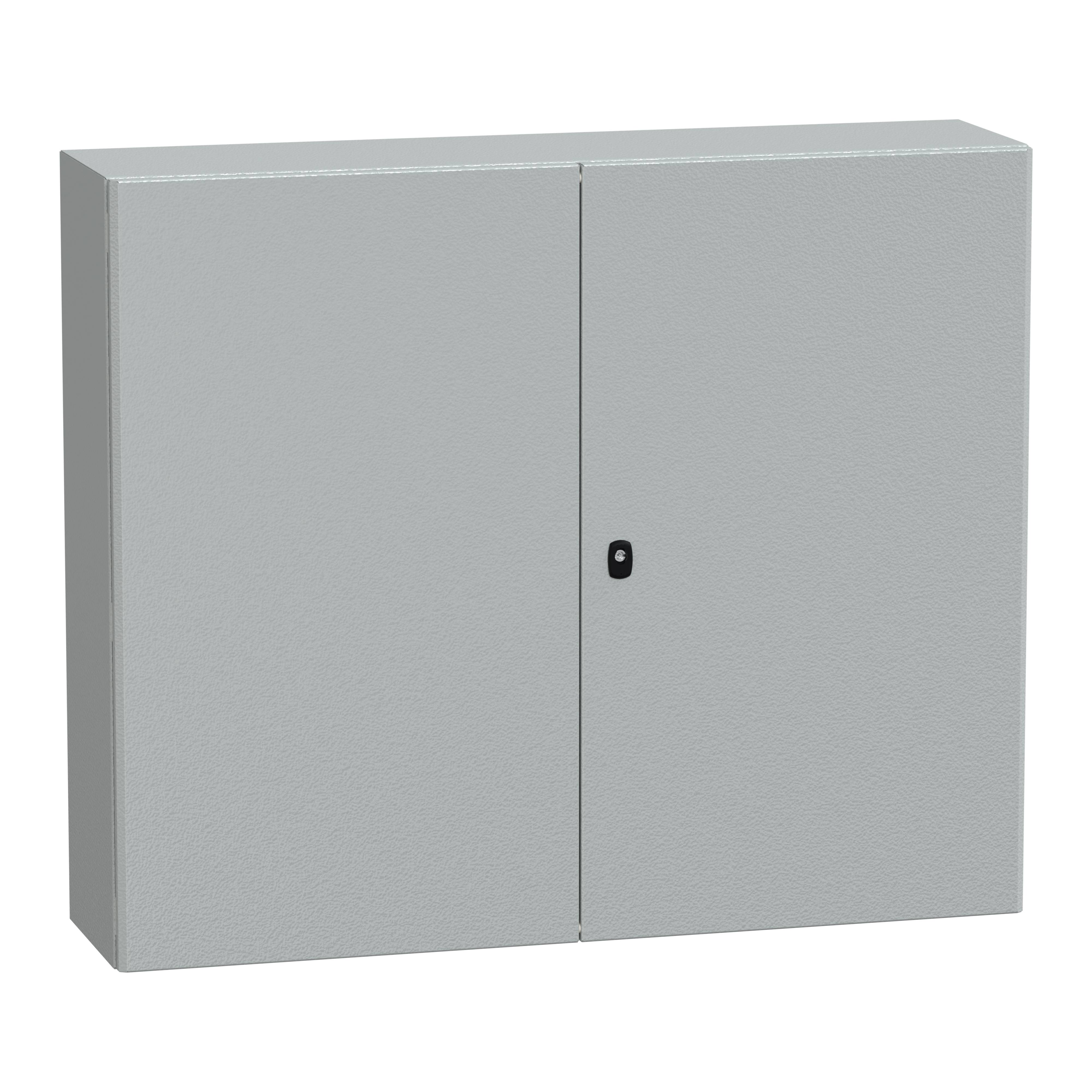 Grauer Metallschrank mit zwei Türen und einem zentralen schwarzen Griff.
