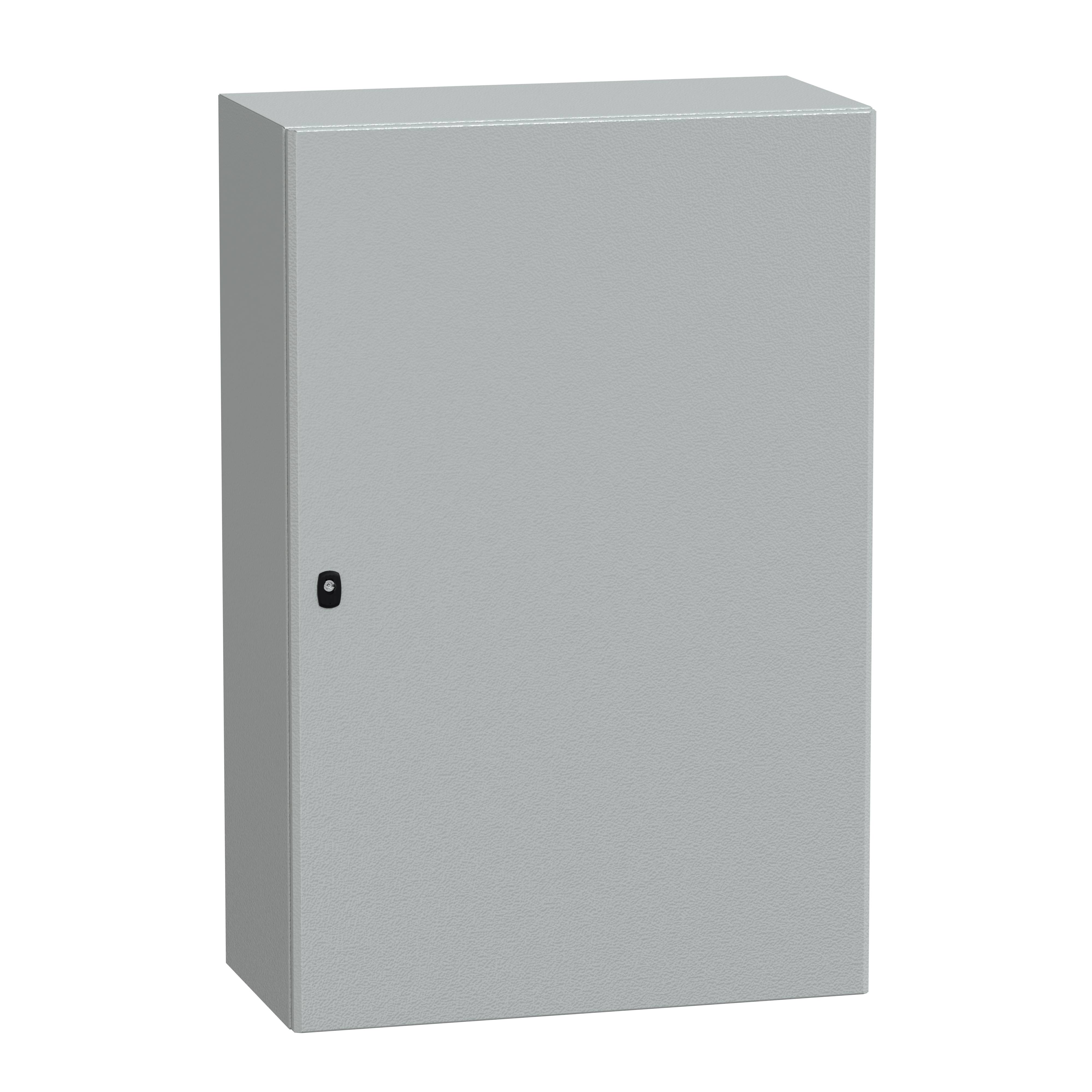 Metall-Schaltkasten mit geschlossener Tür, grau lackiert, Wandmontage.