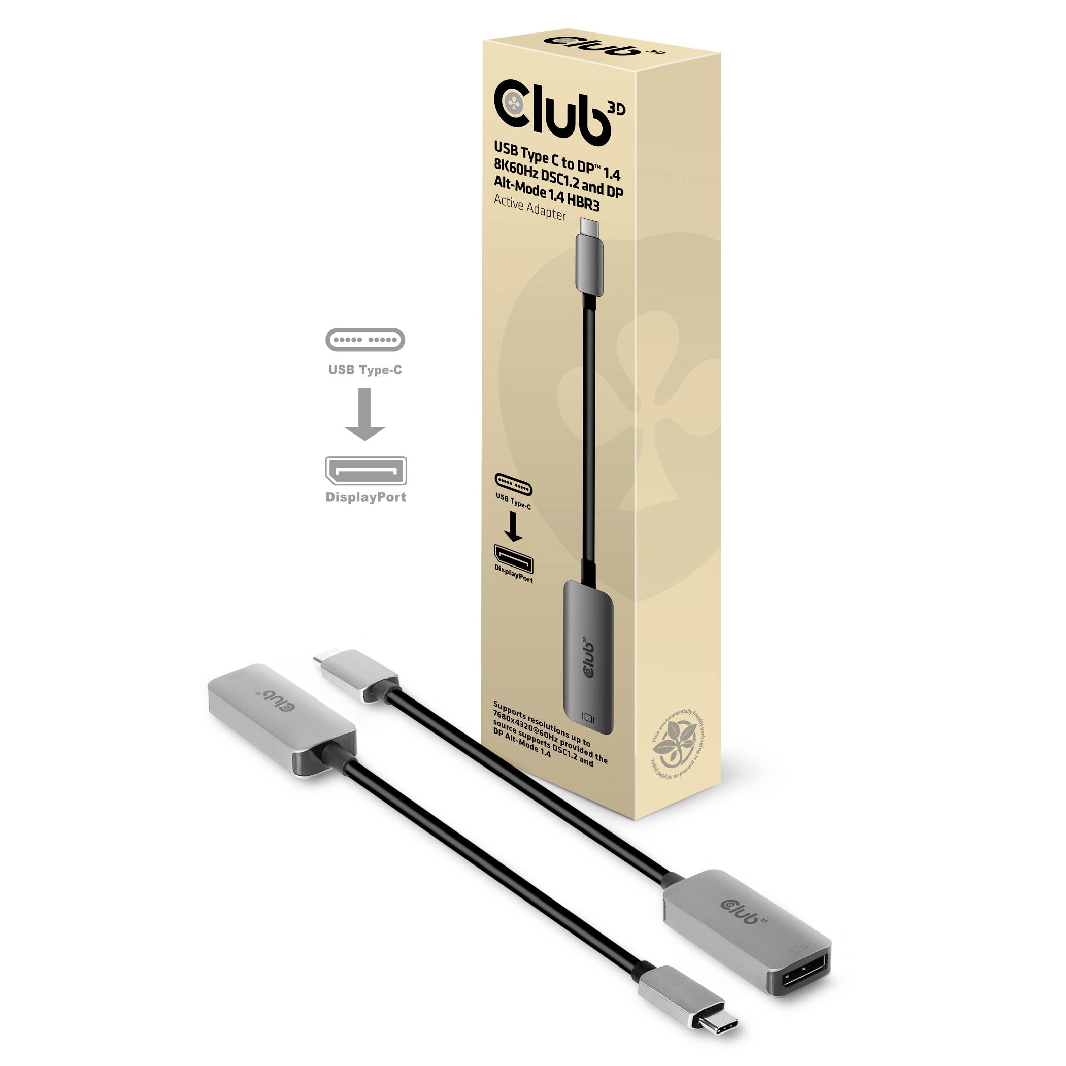 Eine USB Typ-C zu DisplayPort Adapter-Verpackung und der Adapter selbst. Der Adapter ist grau mit schwarzem Kabel, geeignet für 4K bei 60Hz.