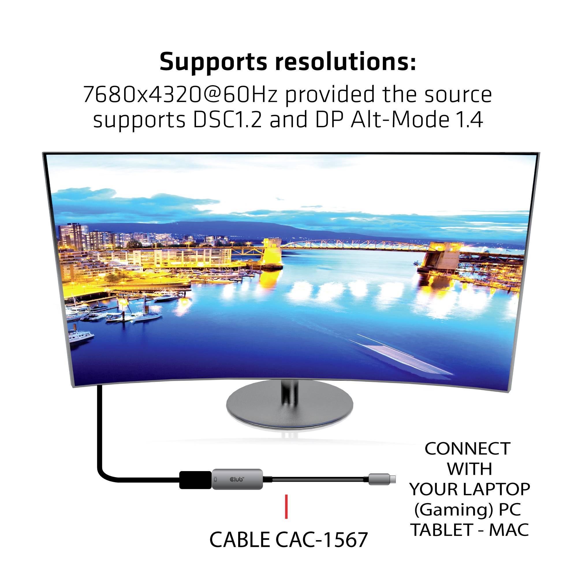 'Unterstützt Auflösungen: 7680x4320@60Hz, wenn die Quelle DSC1.2 und DP Alt-Mode 1.4 unterstützt. Verbinden mit Laptop, PC oder Tablet.' Monitor zeigt Stadtansicht.