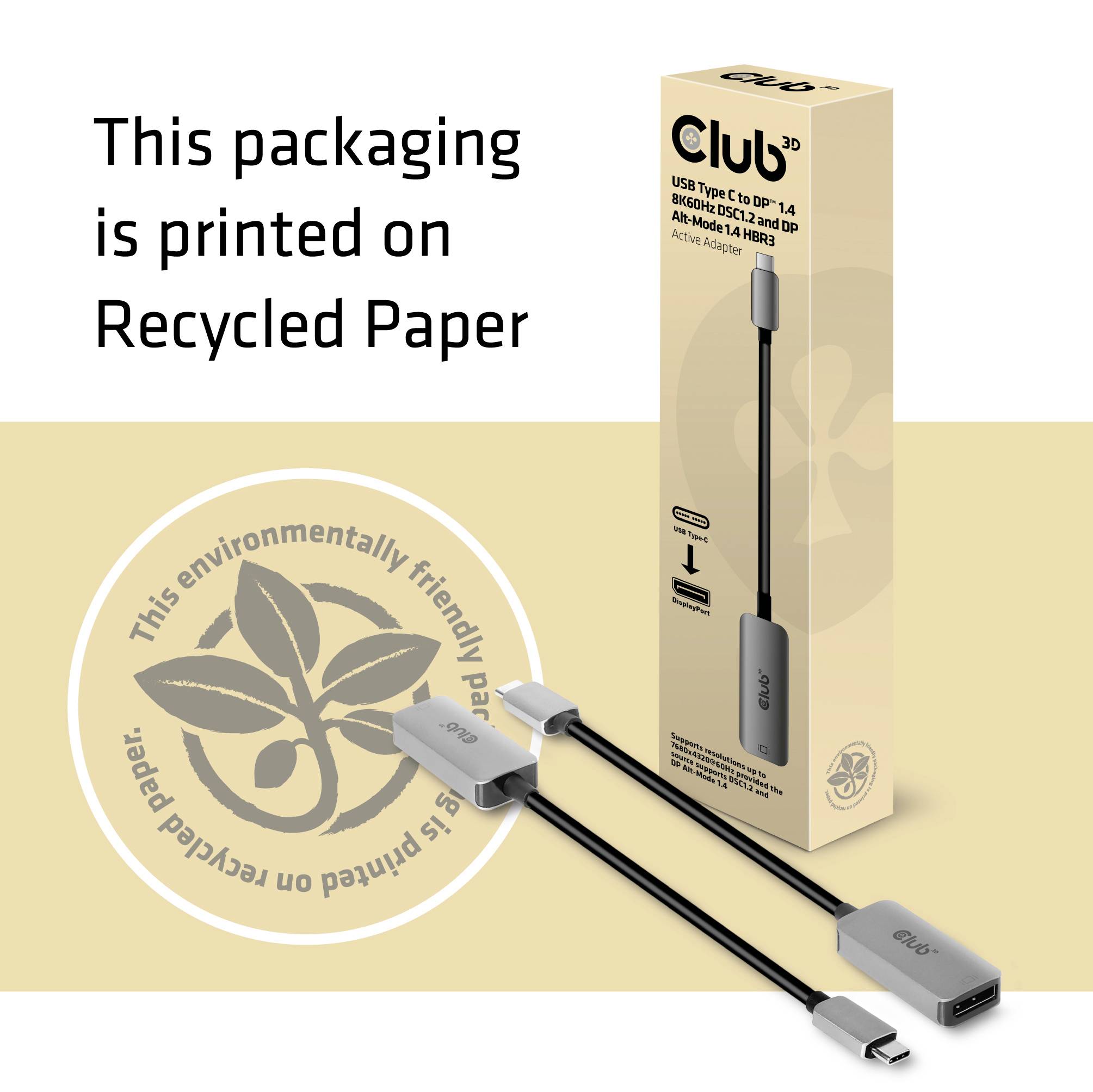 Verpackung aus Recyclingpapier. Abgebildet ist ein Adapterkabel mit USB-C- und HDMI-Anschlüssen.
