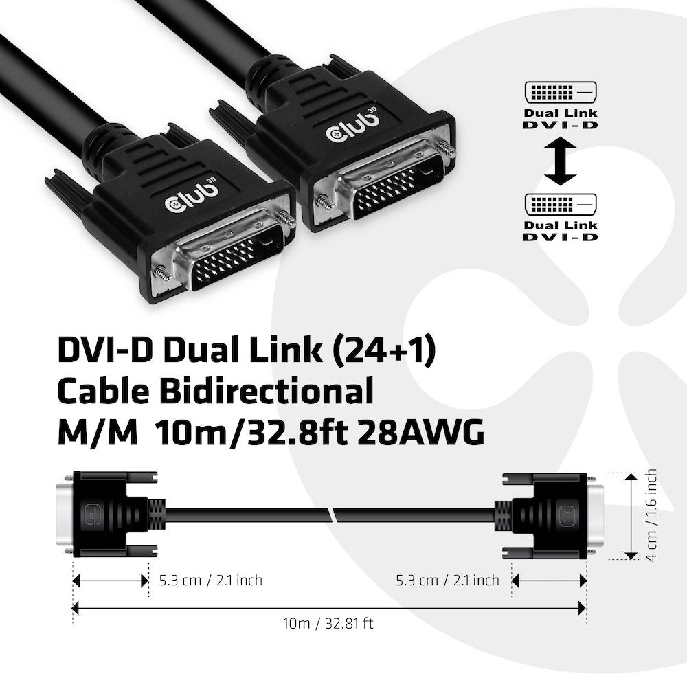 Club3D DVI Anschlusskabel DVI-D 24+1pol. Stecker 10.00m Schwarz CAC-1220 DVI-Kabel