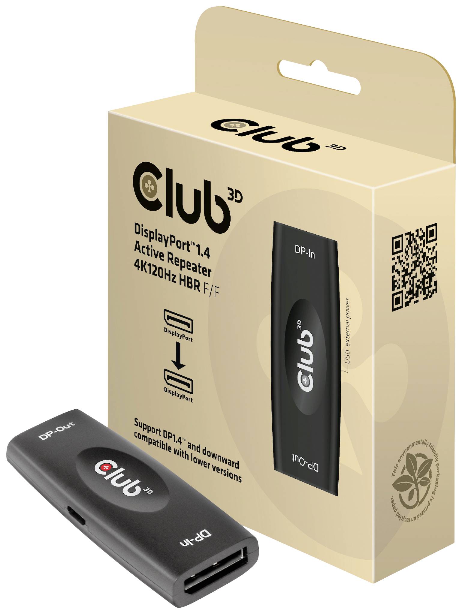 Schwarzer DisplayPort 1.4 Active Repeater von Club 3D, neben Verpackung. Unterstützt 4K120Hz, DP-In und DP-Out Anschlüsse sichtbar.