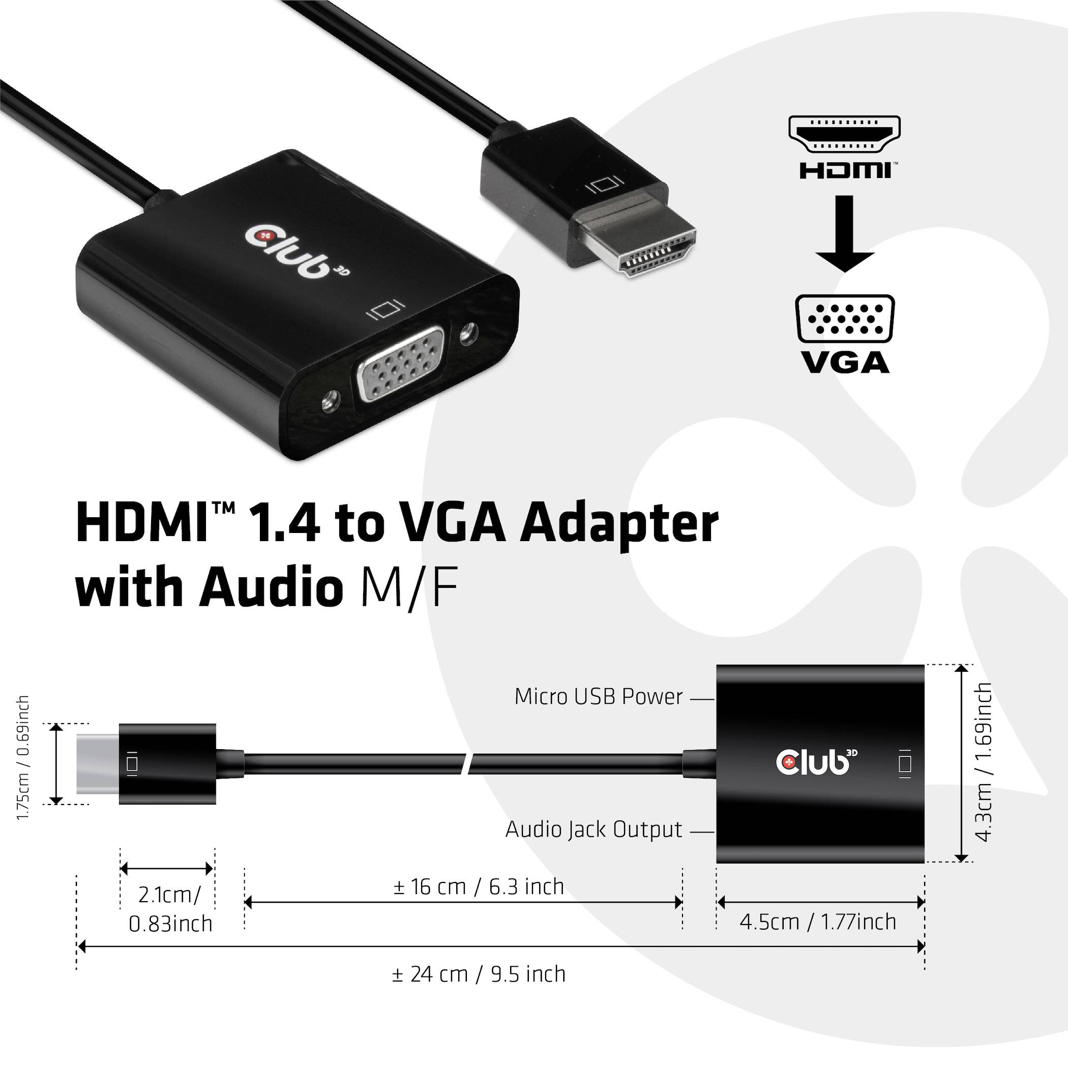 Club3D CAC-1302 HDMI / VGA Adapter [1x HDMI-Stecker - 1x VGA-Buchse] Schwarz 50cm