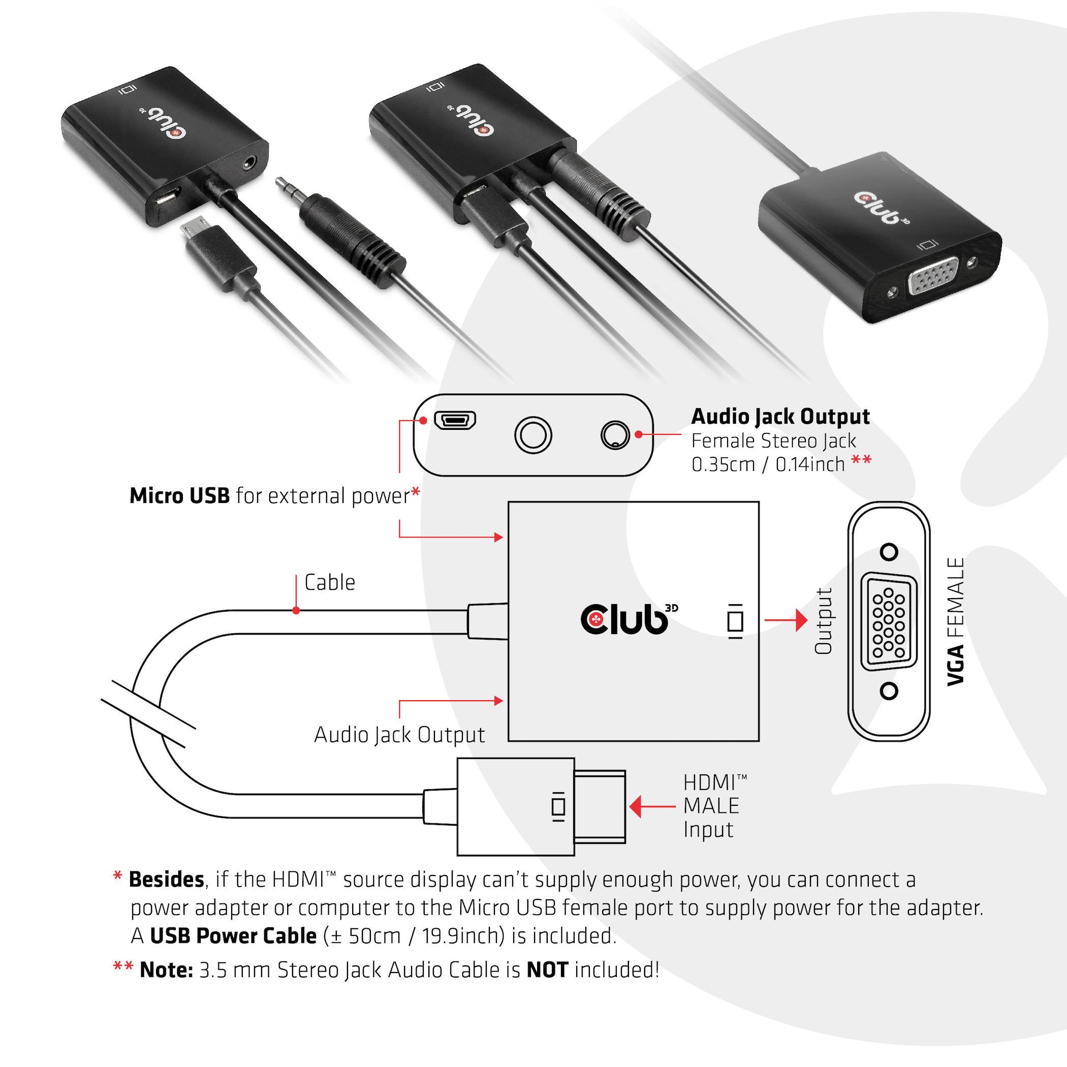 Club3D CAC-1302 HDMI / VGA Adapter [1x HDMI-Stecker - 1x VGA-Buchse] Schwarz 50cm