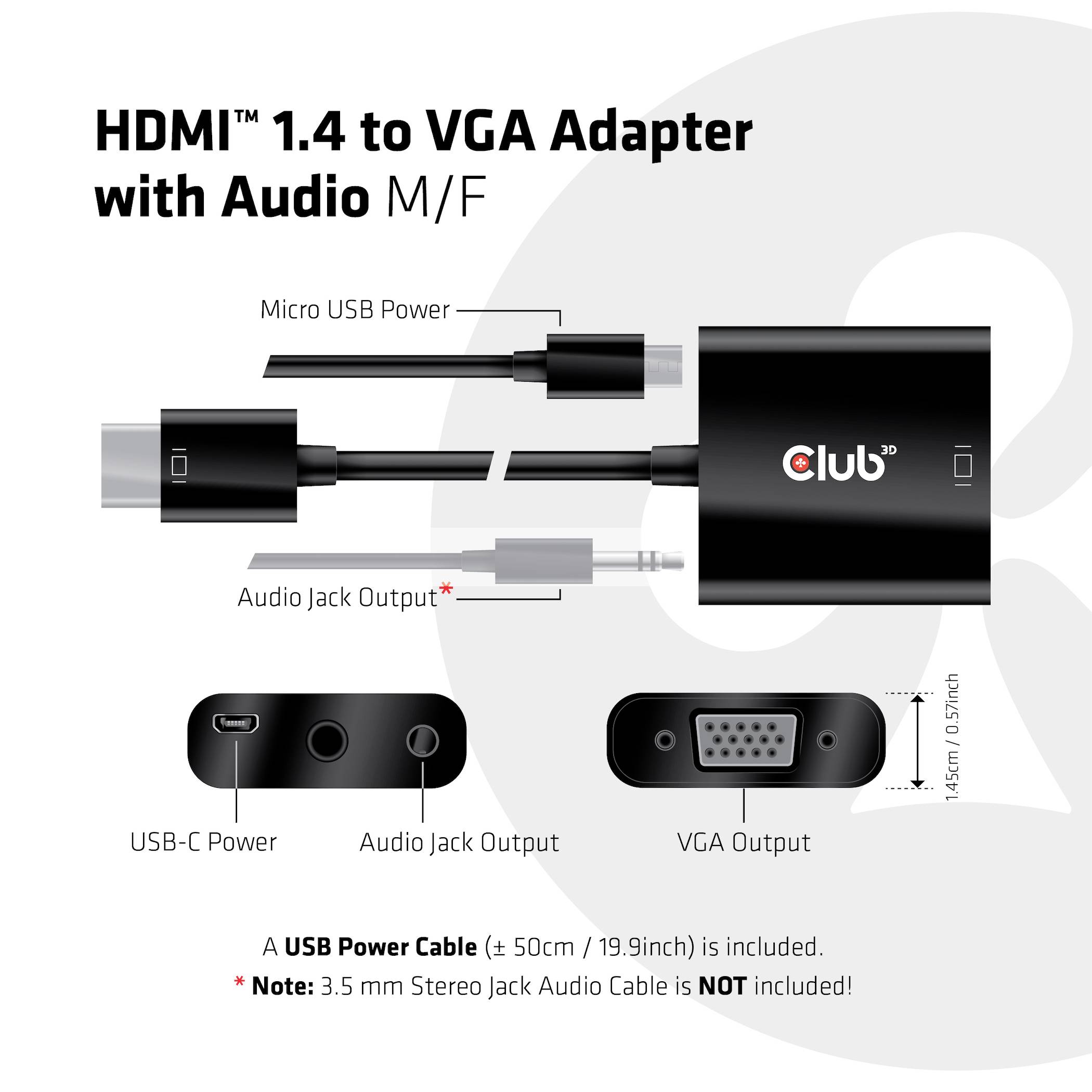 Club3D CAC-1302 HDMI / VGA Adapter [1x HDMI-Stecker - 1x VGA-Buchse] Schwarz 50cm