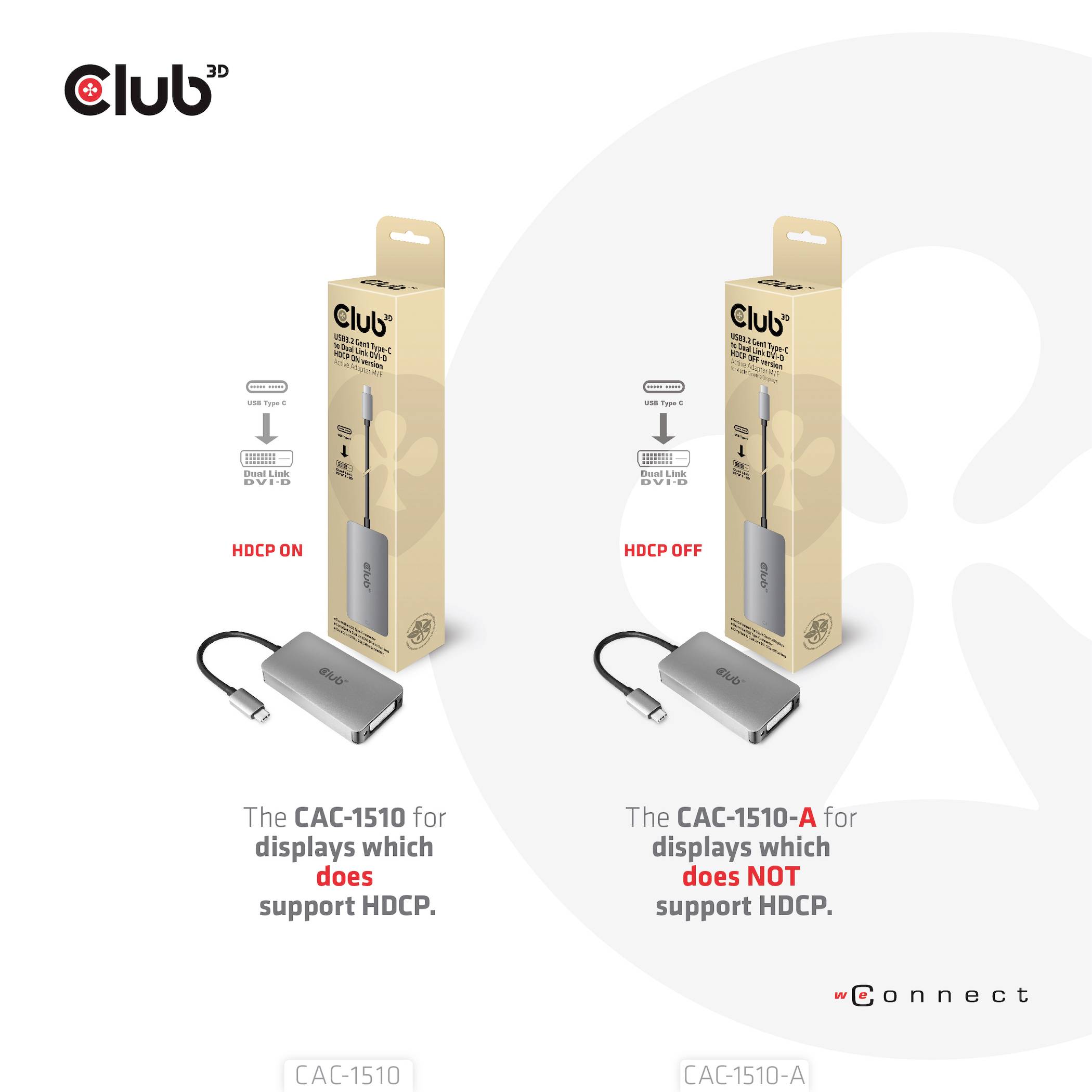 Zwei Adapter, CAC-1510 und CAC-1510-A, mit unterschiedlicher HDCP-Unterstützung. CAC-1510 ist HDCP-fähig, CAC-1510-A nicht.