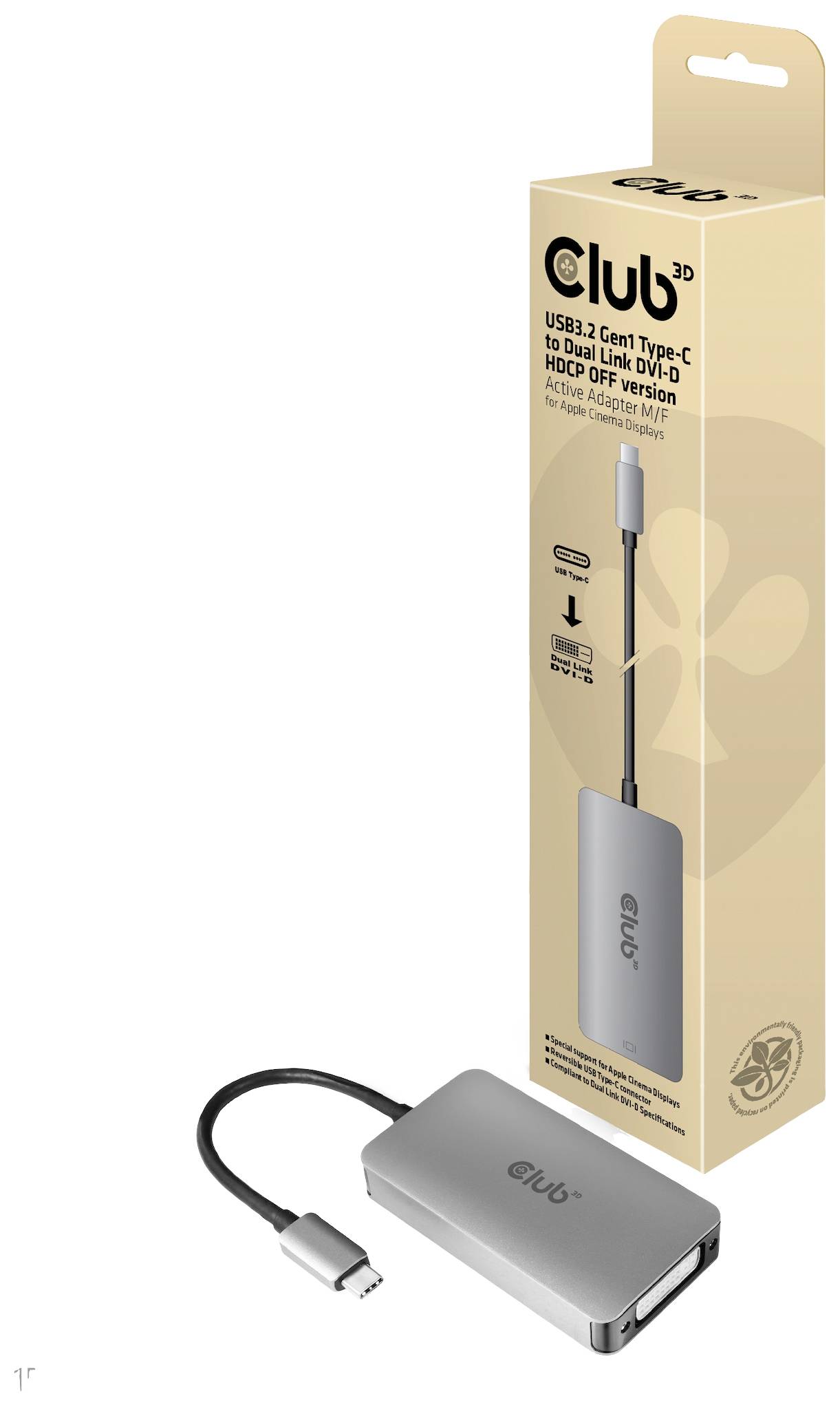 Die Abbildung zeigt einen USB Type-C zu Dual Link DVI-D Adapter von Club3D mit Verpackung. Der Adapter ist grau und dient zum Anschluss von Geräten.