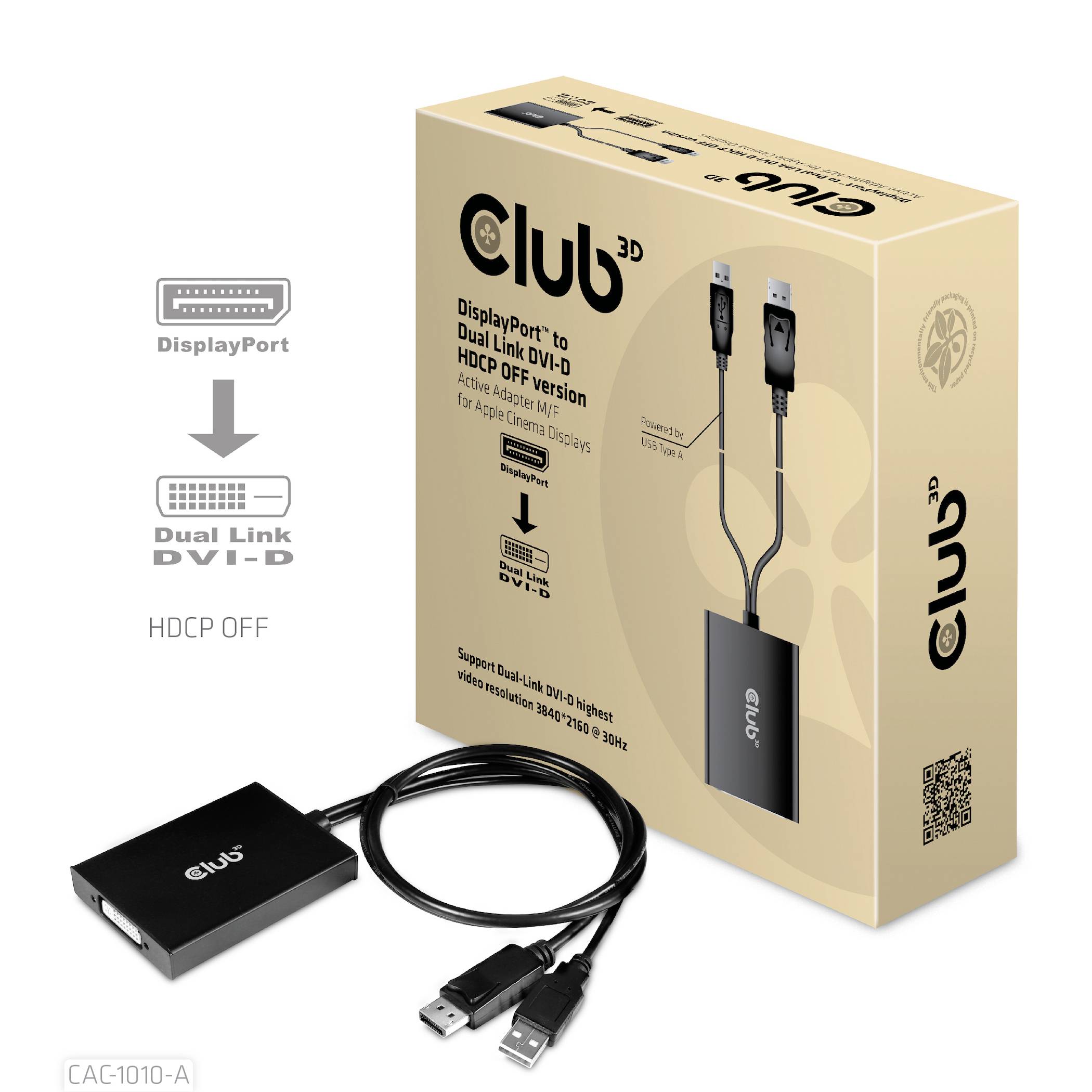 Club3D CAC-1010-A DisplayPort / DVI Adapter [1x DisplayPort Stecker, USB-A - 1x DVI-Buchse 24+1pol.] Schwarz 60cm