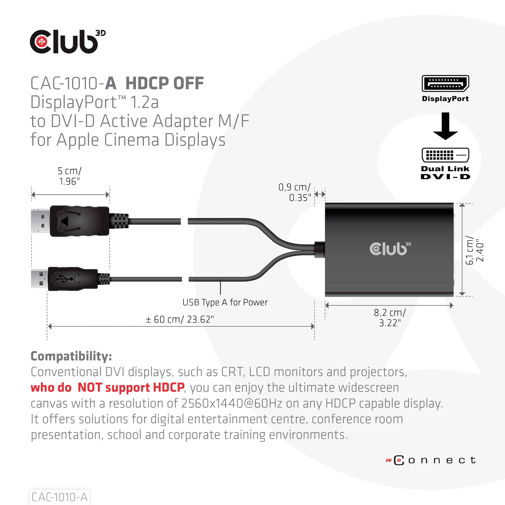 Club3D CAC-1010-A DisplayPort / DVI Adapter [1x DisplayPort Stecker, USB-A - 1x DVI-Buchse 24+1pol.] Schwarz 60cm