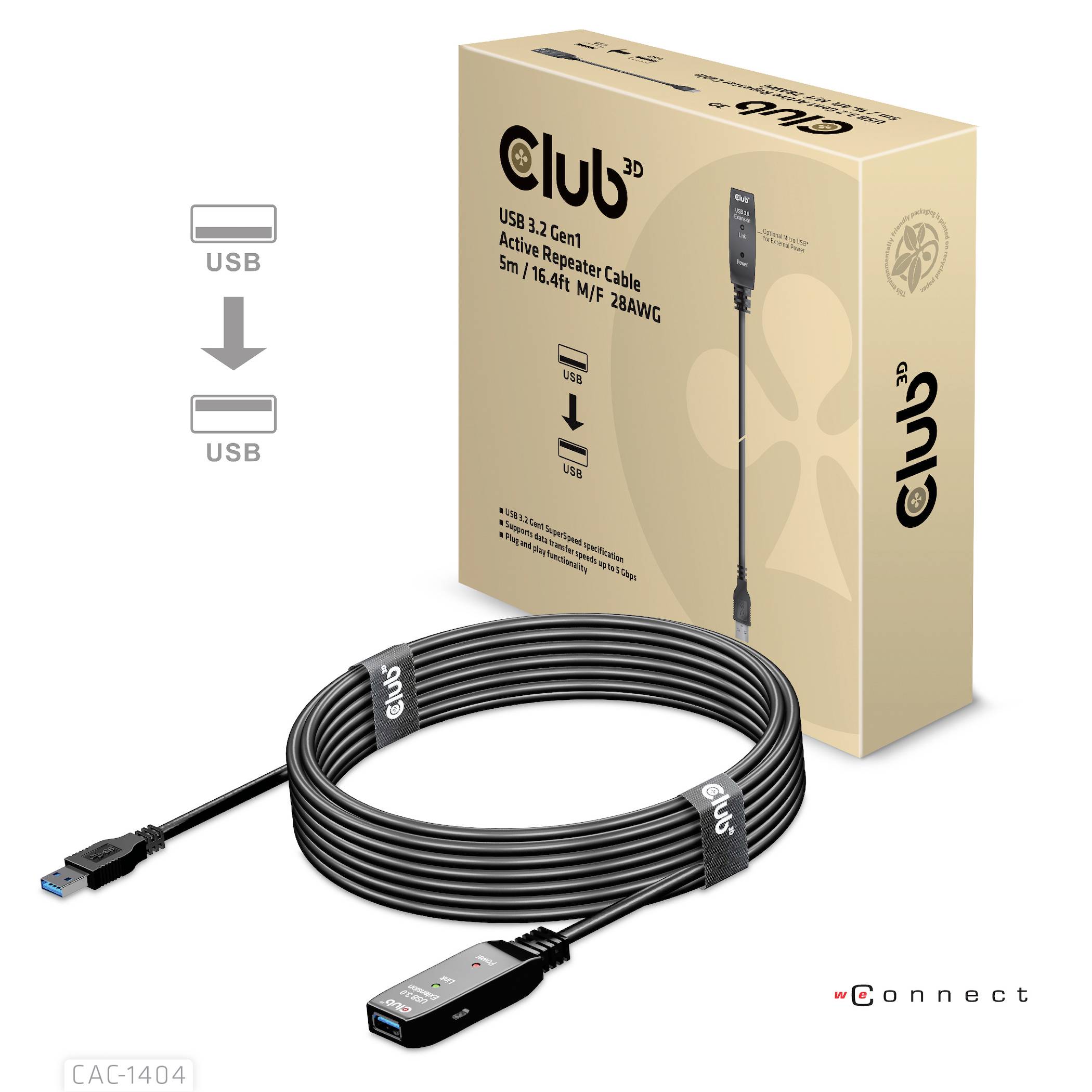 'Club3D USB 3.2 Active Repeater' Kabel mit Produktverpackung im Hintergrund. Kabel ist 5m lang mit USB-A zu USB-A Anschlüssen.