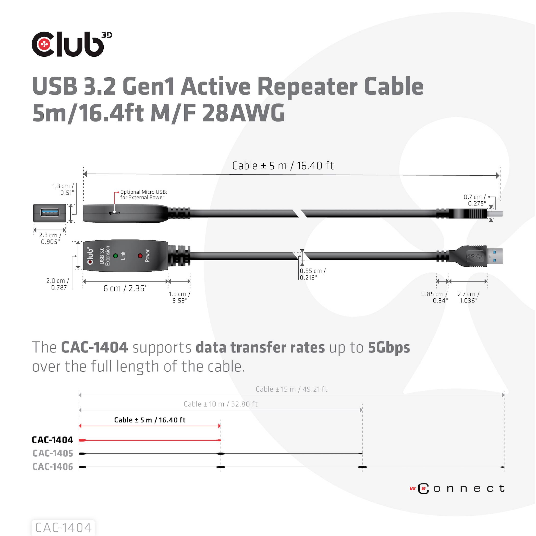 'USB 3.2 Gen1 Active Repeater Cable 5m/16.4ft M/F 28AWG' mit Datenübertragungsraten bis zu 5Gbps. Zeigt verschiedene Kabellängen.