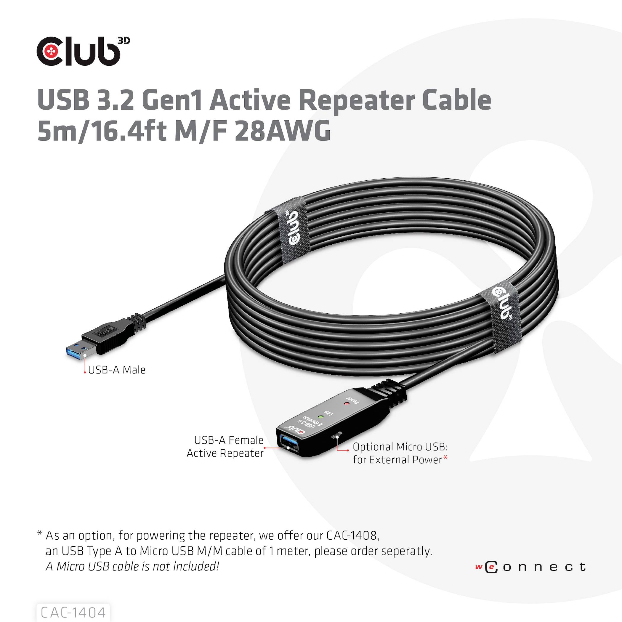 USB 3.2 Gen1 Aktiv-Repeater-Kabel, 5m, gezeigt mit USB-A-Stecker und Buchse, Hinweis zur optionalen Micro-USB-Stromversorgung.