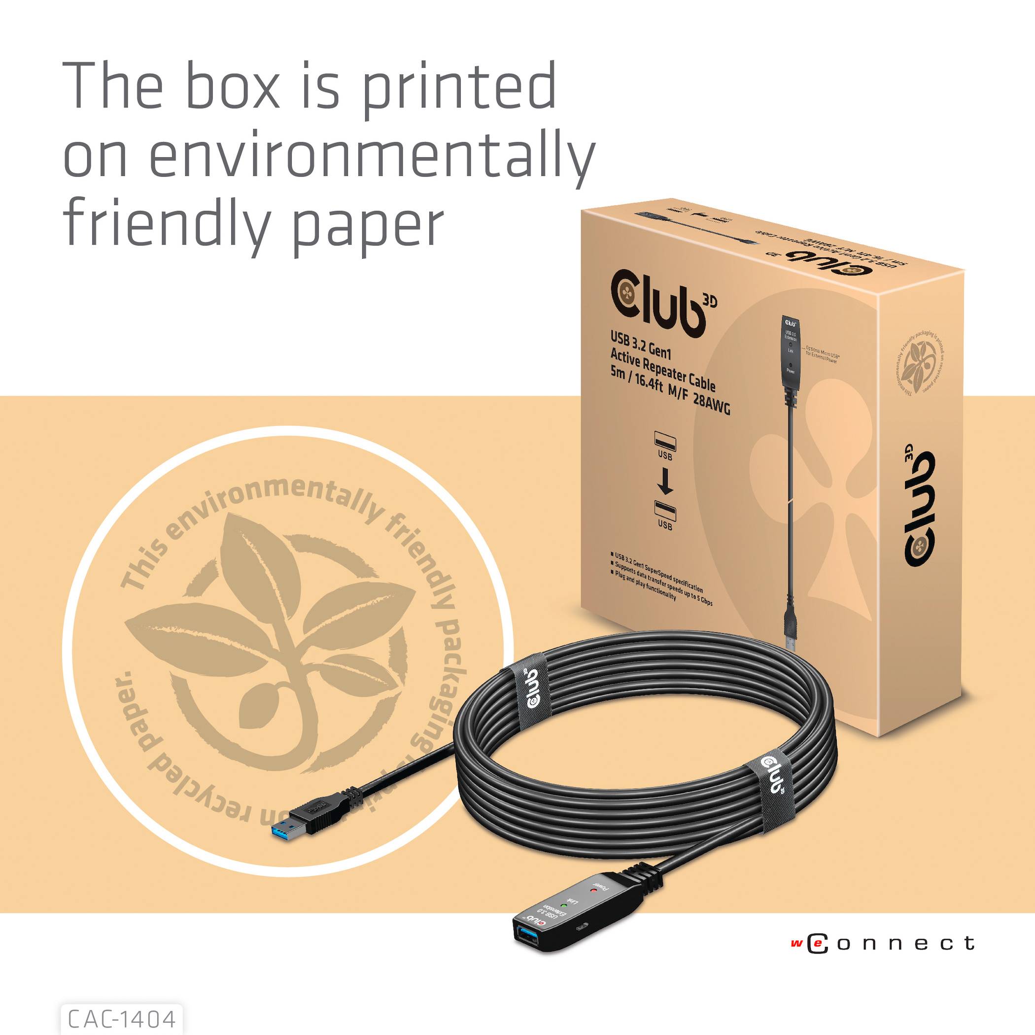 Ein HDMI-Kabel liegt vor einer umweltfreundlichen Verpackung. Auf der Verpackung steht: 'The box is printed on environmentally friendly paper'.