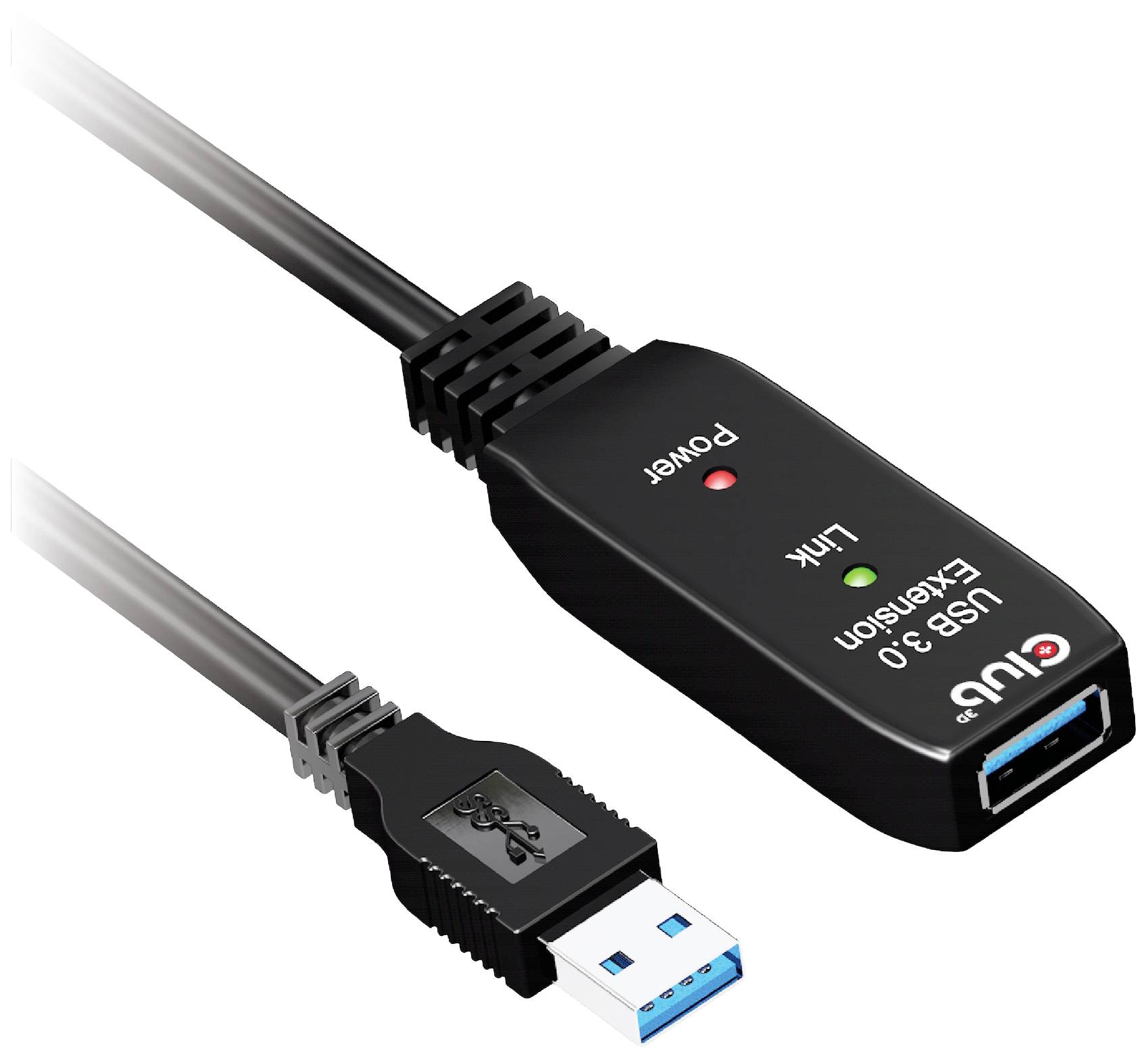 Ein schwarzes USB 3.0-Verlängerungskabel mit blauer USB-Verbindung. Auf dem Adaptergehäuse sind rote und grüne LEDs mit den Beschriftungen 'Power' und 'Link' neben dem 'USB 3.0 Extension'-Text.