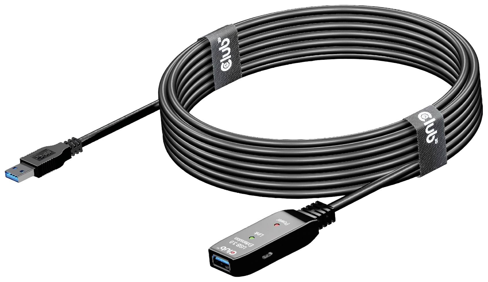 Langes USB 3.0-Kabel mit einem verstärkten Anschluss und zwei LED-Anzeigen, ideal für Datenübertragungen über größere Entfernungen.