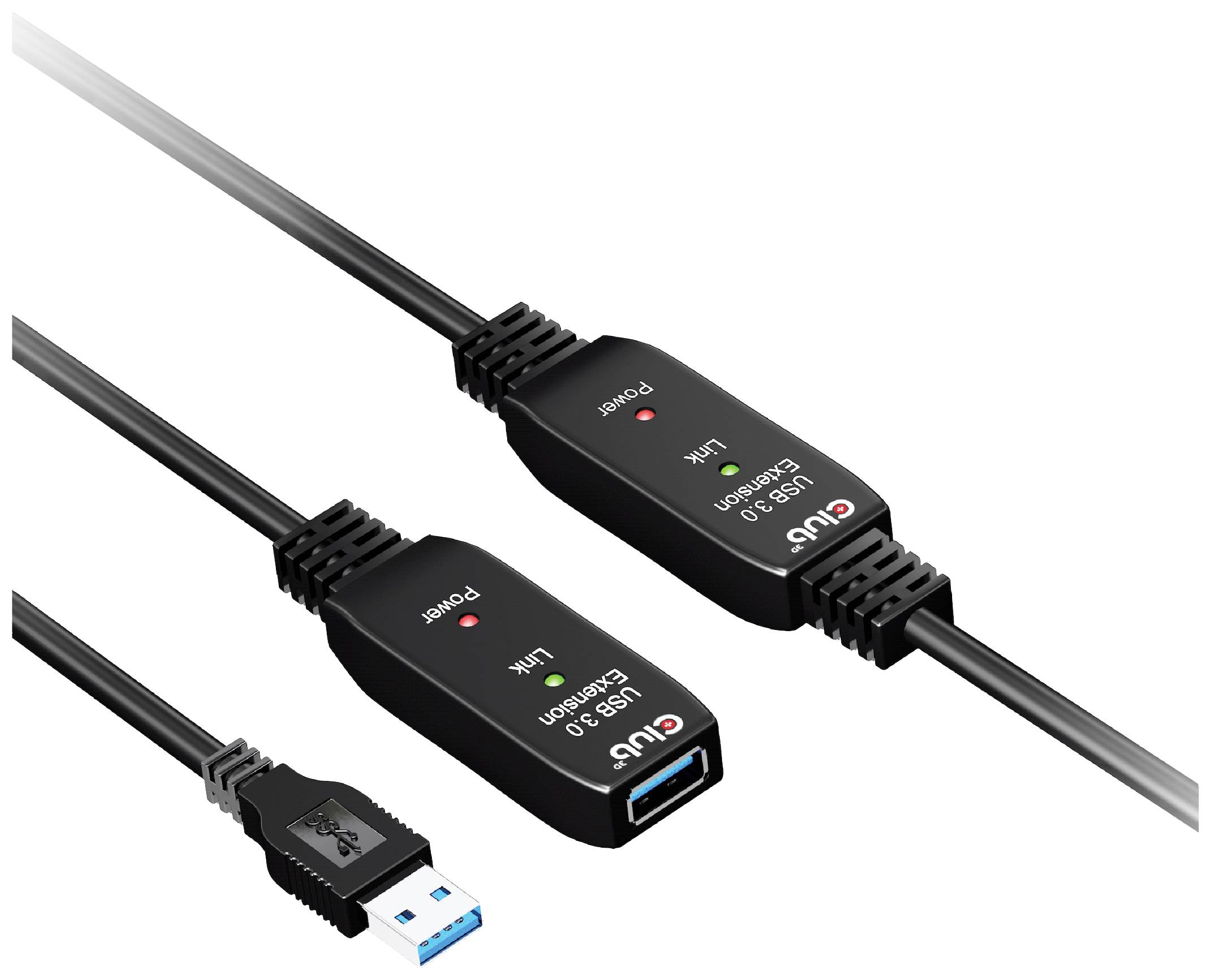 USB 3.0-Verlängerungskabel von Cables Unlimited dargestellt. Zeigt zwei Zwischenschalter am Kabel zur Signalverstärkung.