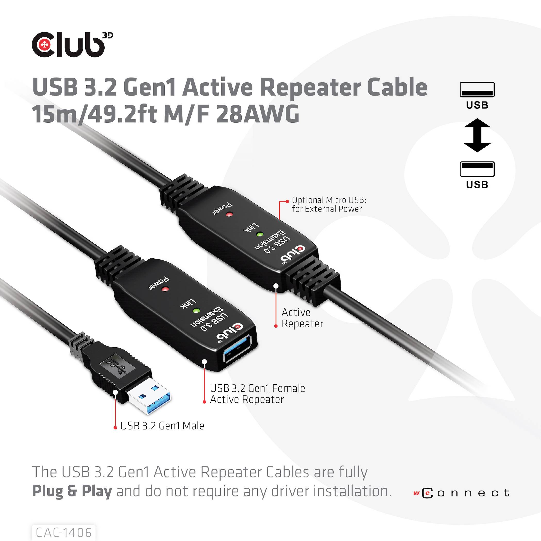 Club3D USB-Kabel USB 3.2 Gen1 15.00m Schwarz CAC-1406